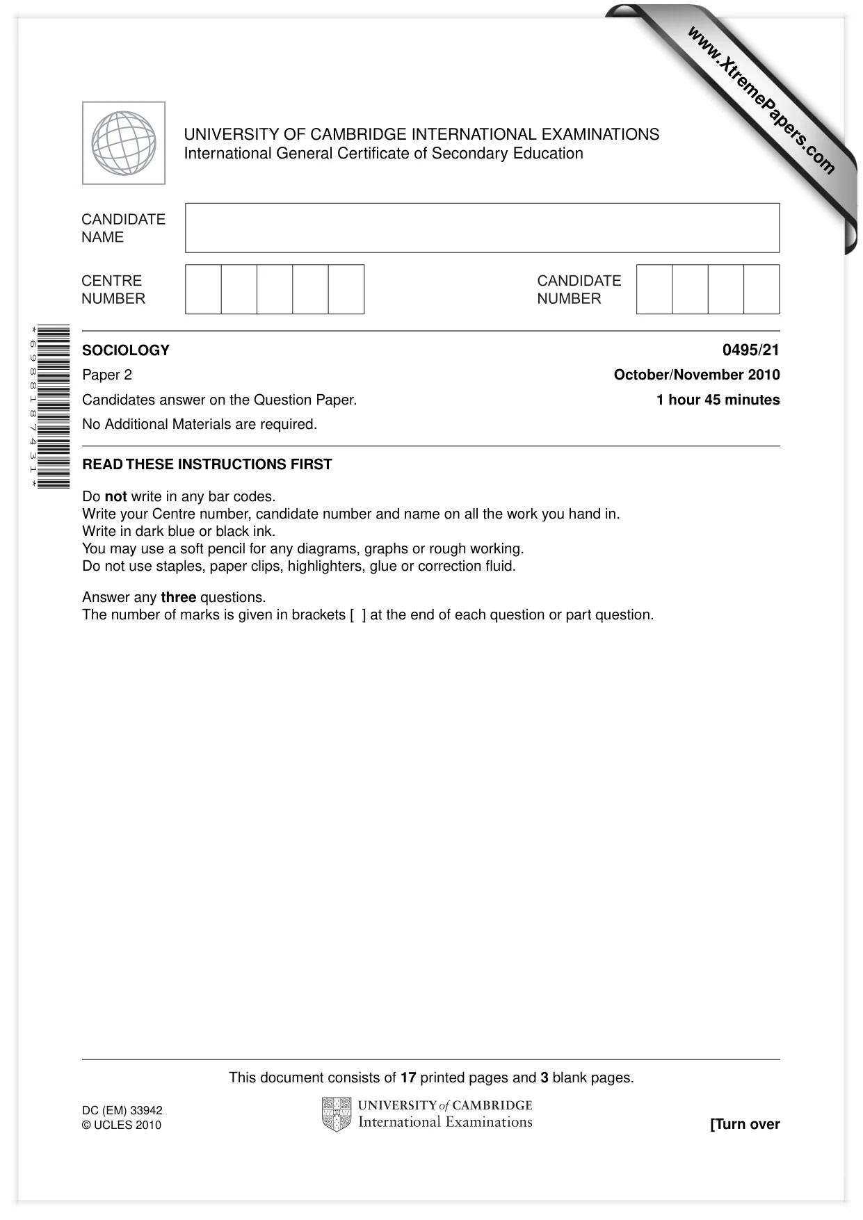 Cambridge IGCSE Sociology 0495 2010 Oct/Nov Paper 2 · Variant 1 question paper, page 1 of 20