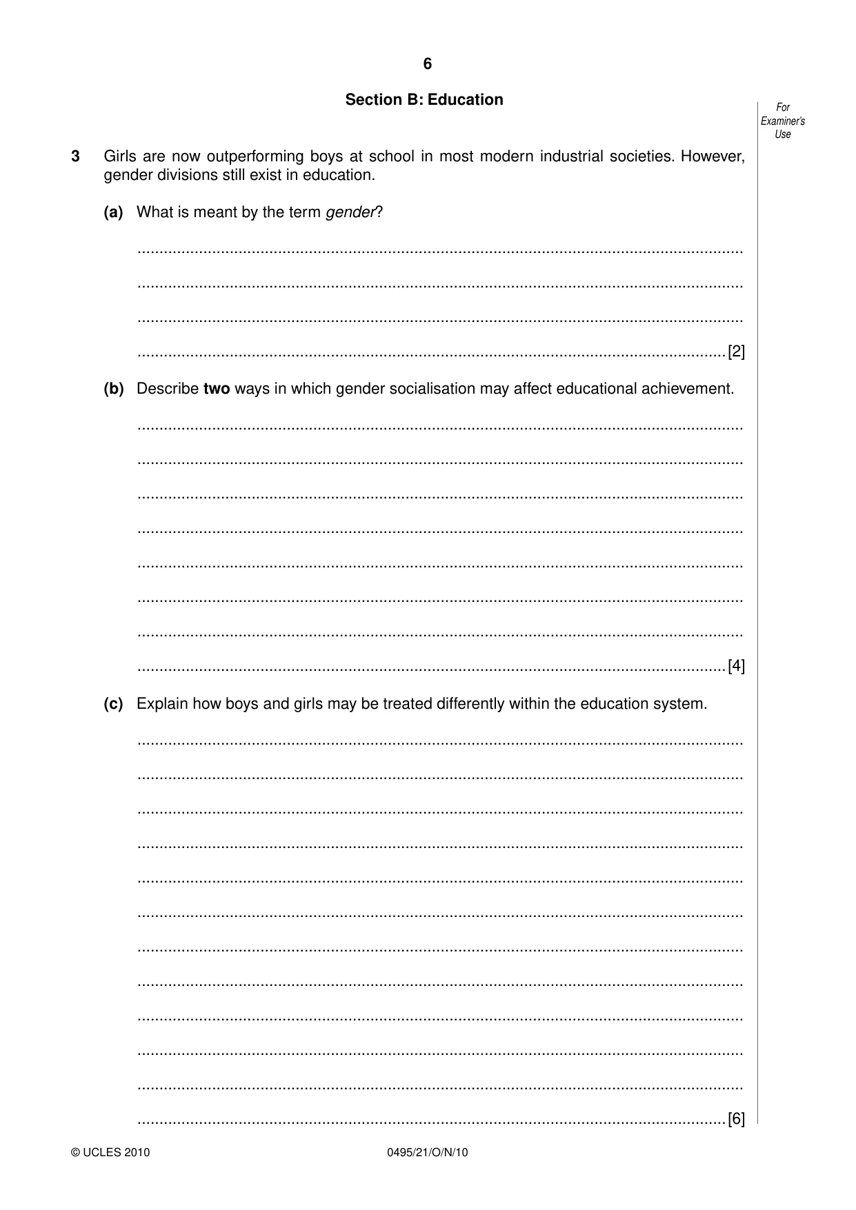 Cambridge IGCSE Sociology 0495 2010 Oct/Nov Paper 2 · Variant 1 question paper, page 6 of 20