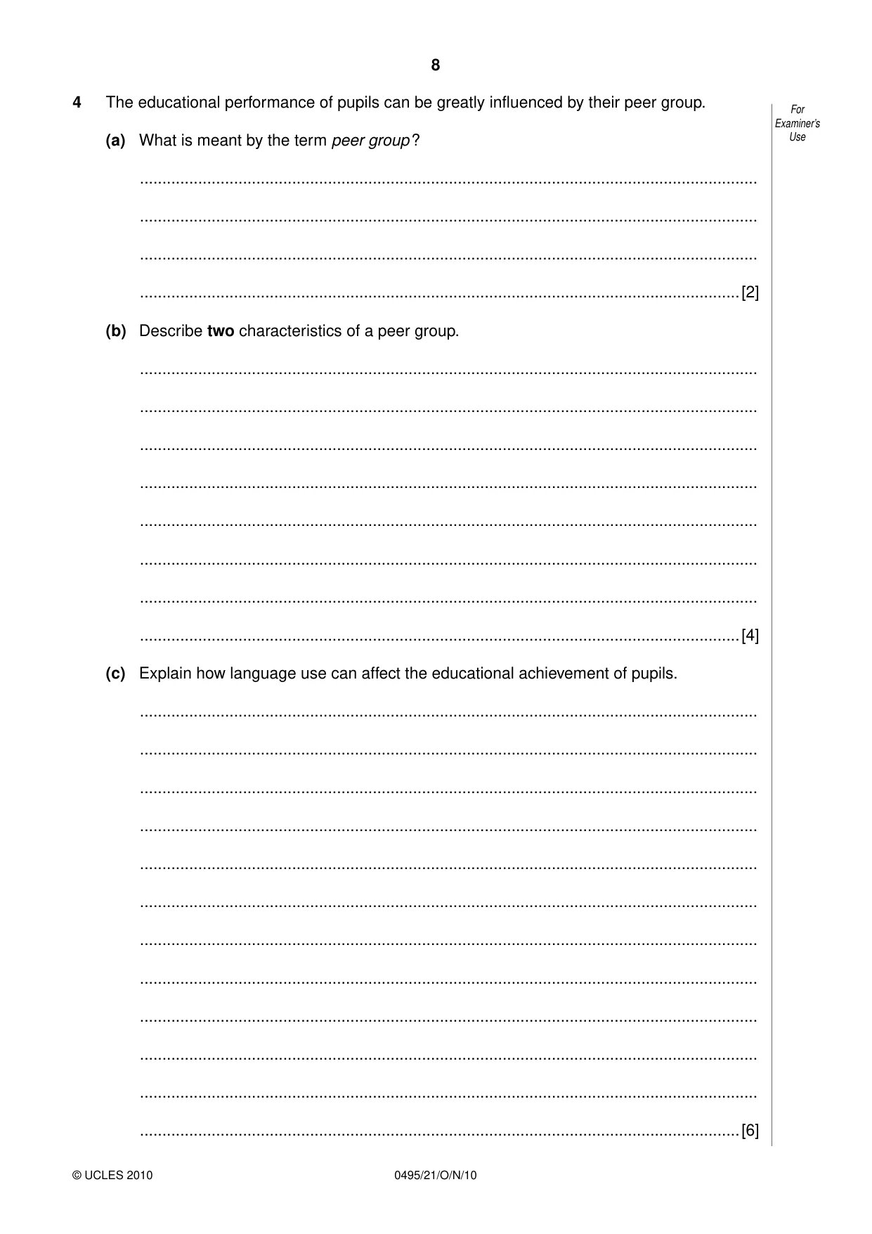 Cambridge IGCSE Sociology 0495 2010 Oct/Nov Paper 2 · Variant 1 question paper, page 8 of 20