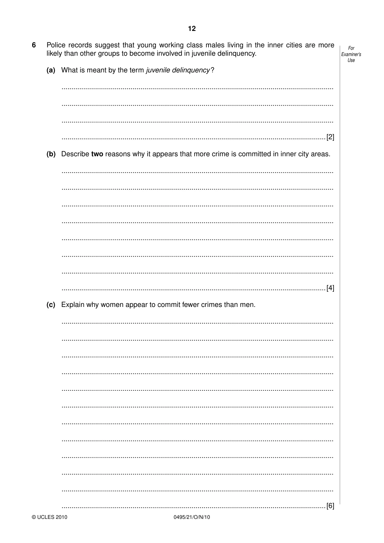 Cambridge IGCSE Sociology 0495 2010 Oct/Nov Paper 2 · Variant 1 question paper, page 12 of 20