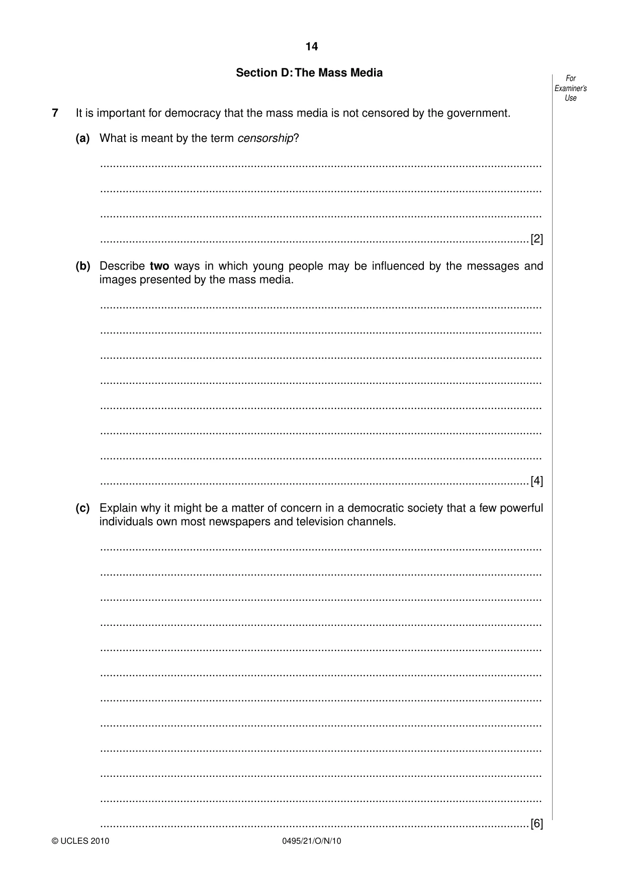 Cambridge IGCSE Sociology 0495 2010 Oct/Nov Paper 2 · Variant 1 question paper, page 14 of 20
