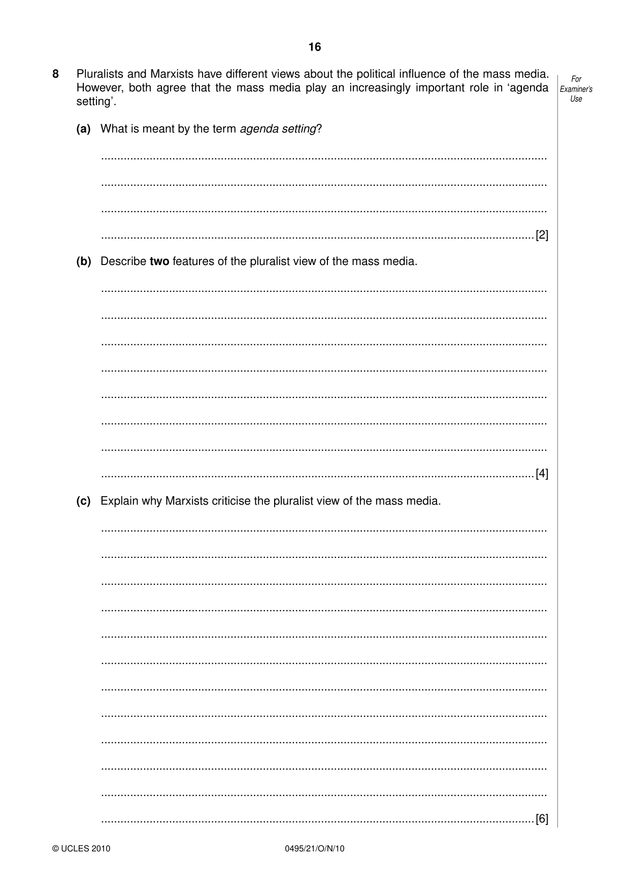 Cambridge IGCSE Sociology 0495 2010 Oct/Nov Paper 2 · Variant 1 question paper, page 16 of 20