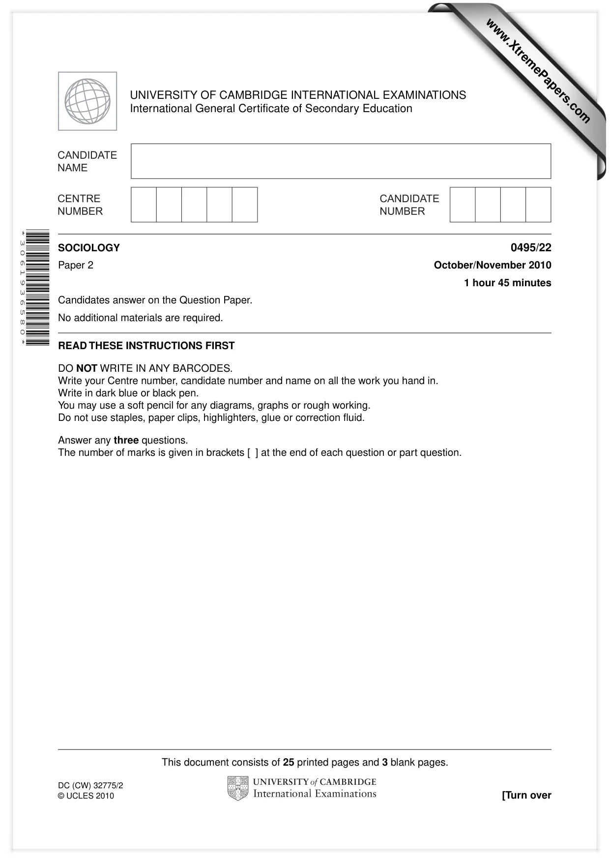 Cambridge IGCSE Sociology 0495 2010 Oct/Nov Paper 2 · Variant 2 question paper, page 1 of 28