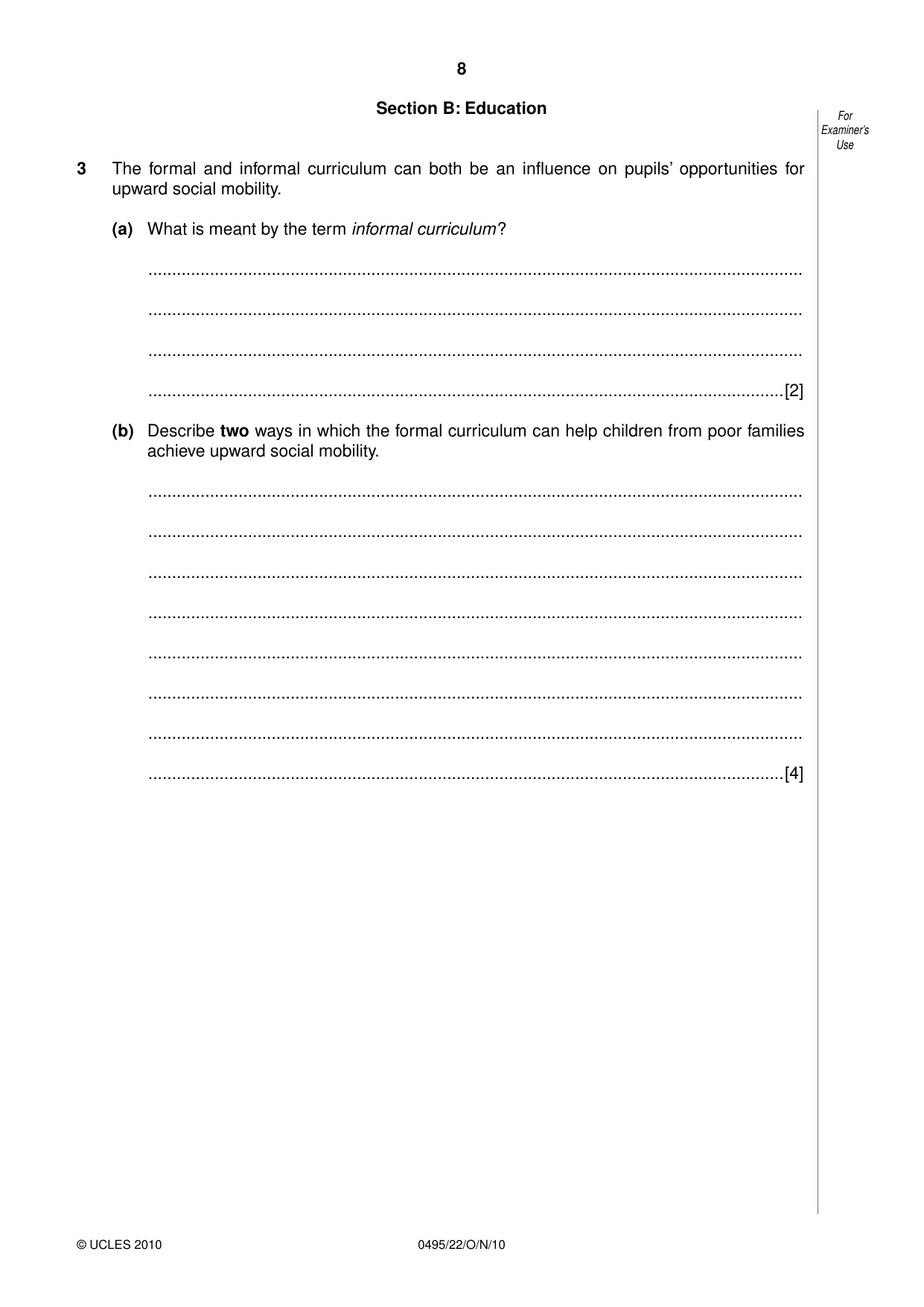 Cambridge IGCSE Sociology 0495 2010 Oct/Nov Paper 2 · Variant 2 question paper, page 8 of 28