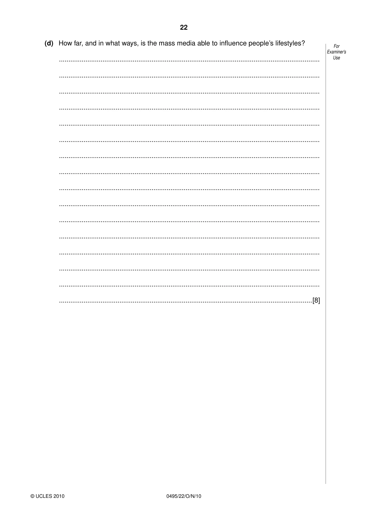Cambridge IGCSE Sociology 0495 2010 Oct/Nov Paper 2 · Variant 2 question paper, page 22 of 28