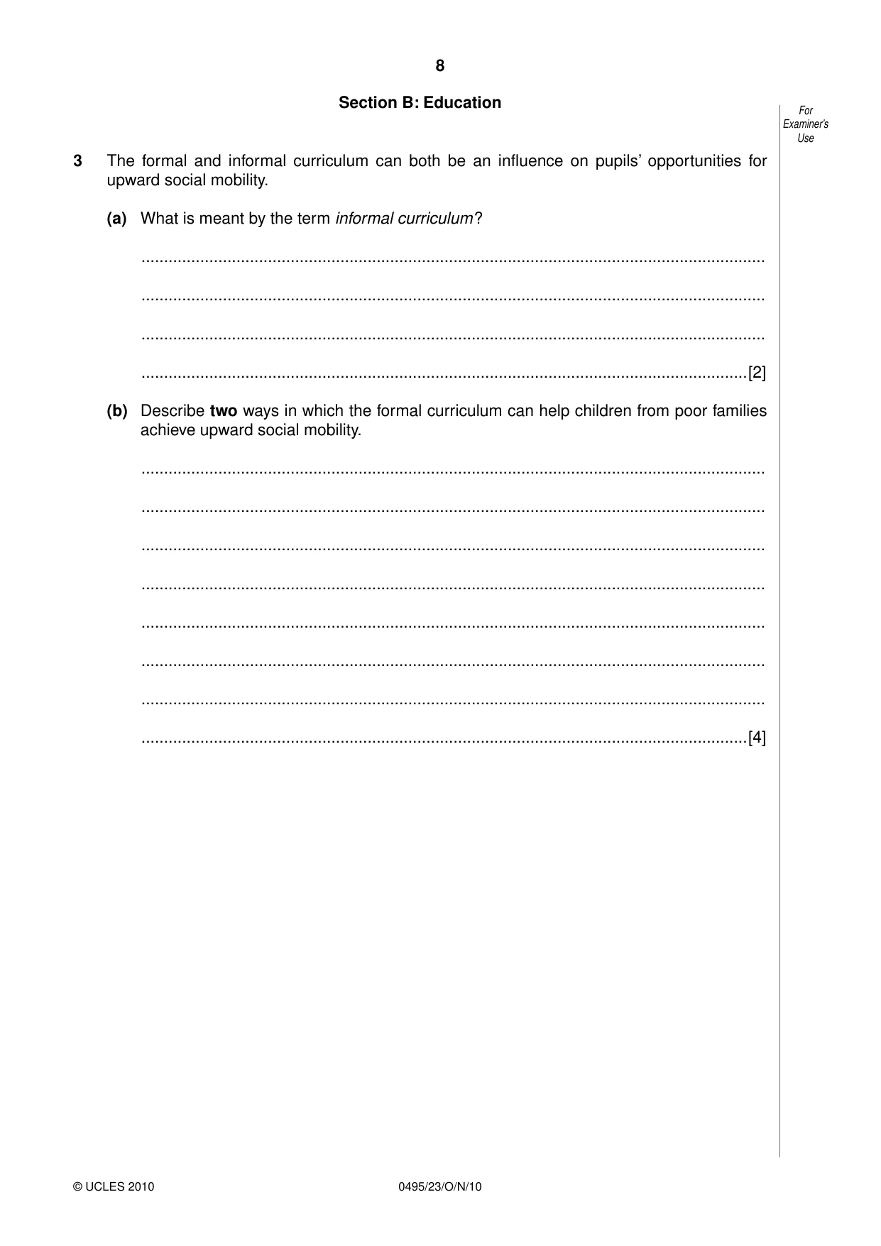 Cambridge IGCSE Sociology 0495 2010 Oct/Nov Paper 2 · Variant 3 question paper, page 8 of 28
