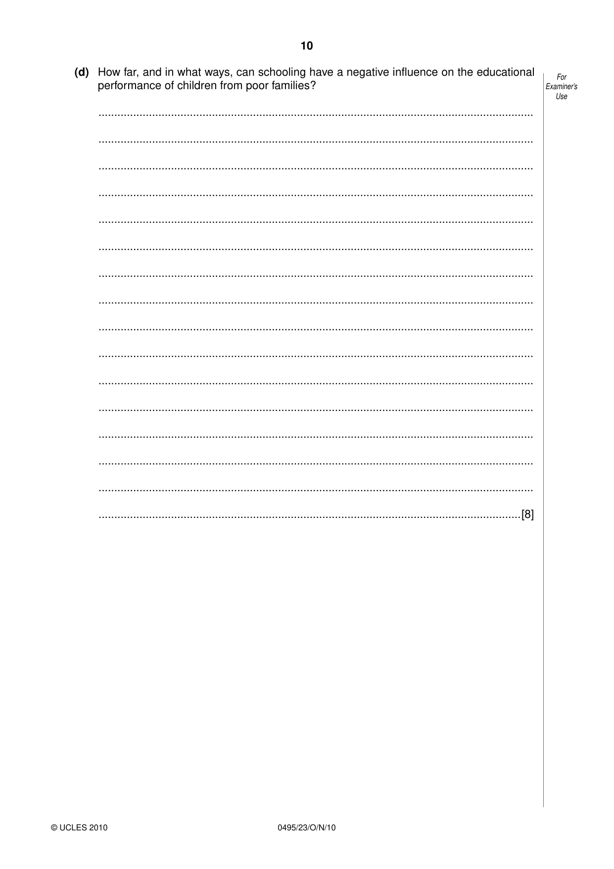 Cambridge IGCSE Sociology 0495 2010 Oct/Nov Paper 2 · Variant 3 question paper, page 10 of 28
