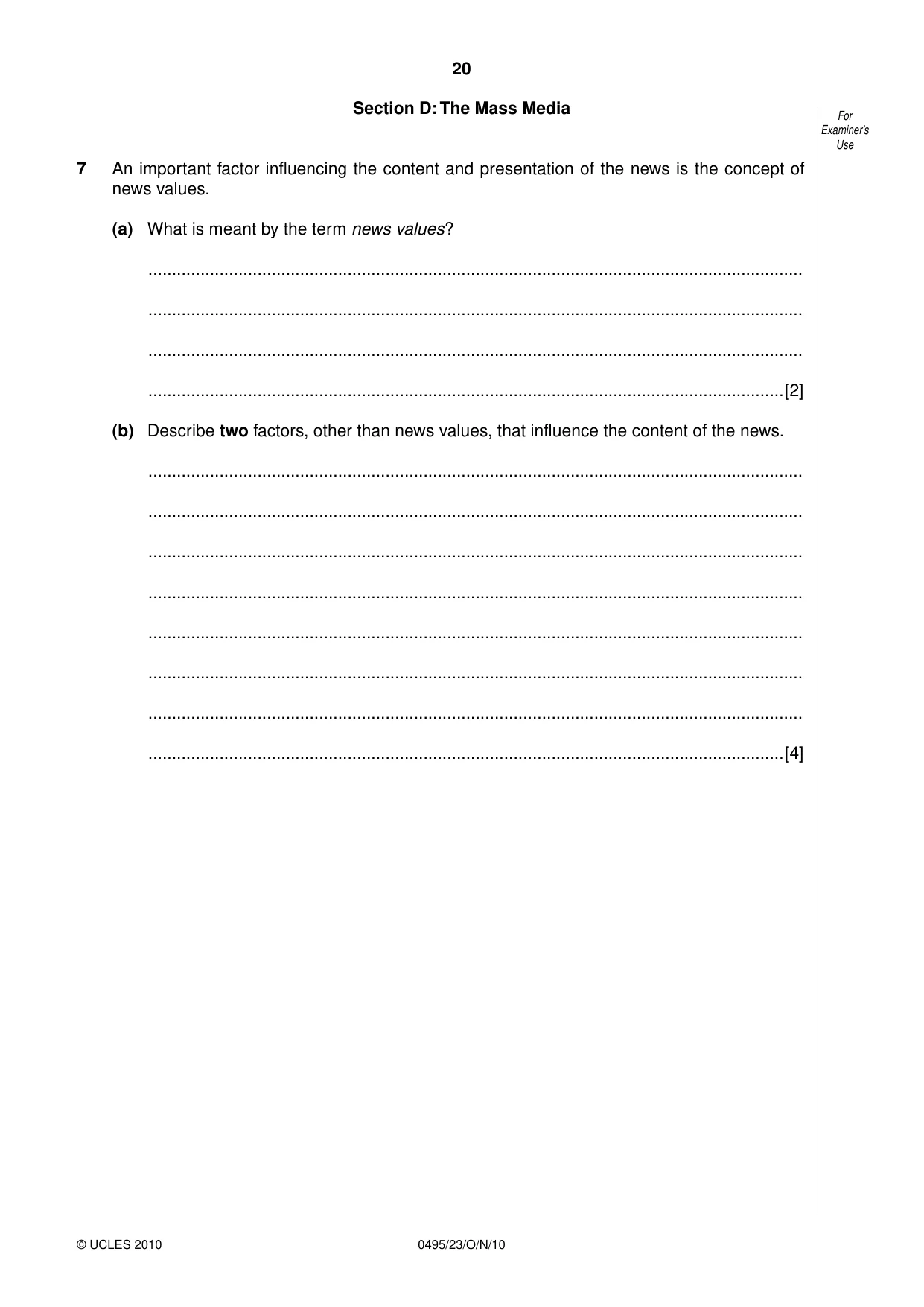 Cambridge IGCSE Sociology 0495 2010 Oct/Nov Paper 2 · Variant 3 question paper, page 20 of 28