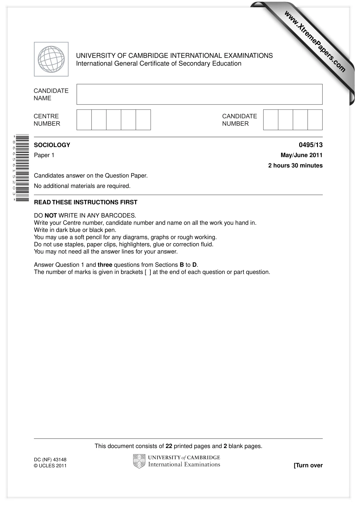 Cambridge IGCSE Sociology 0495 2011 May/June Paper 1 · Variant 3 question paper, page 1 of 24