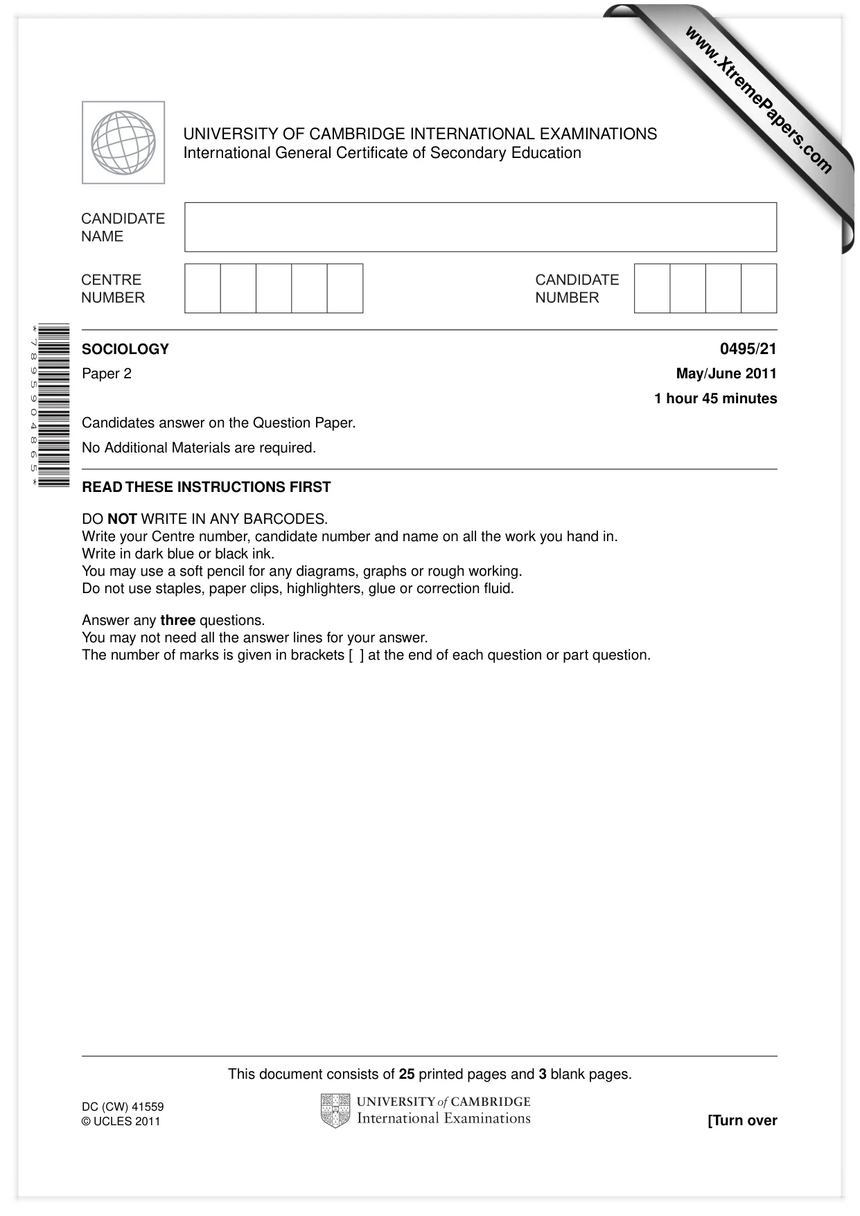 Cambridge IGCSE Sociology 0495 2011 May/June Paper 2 · Variant 1 question paper, page 1 of 28