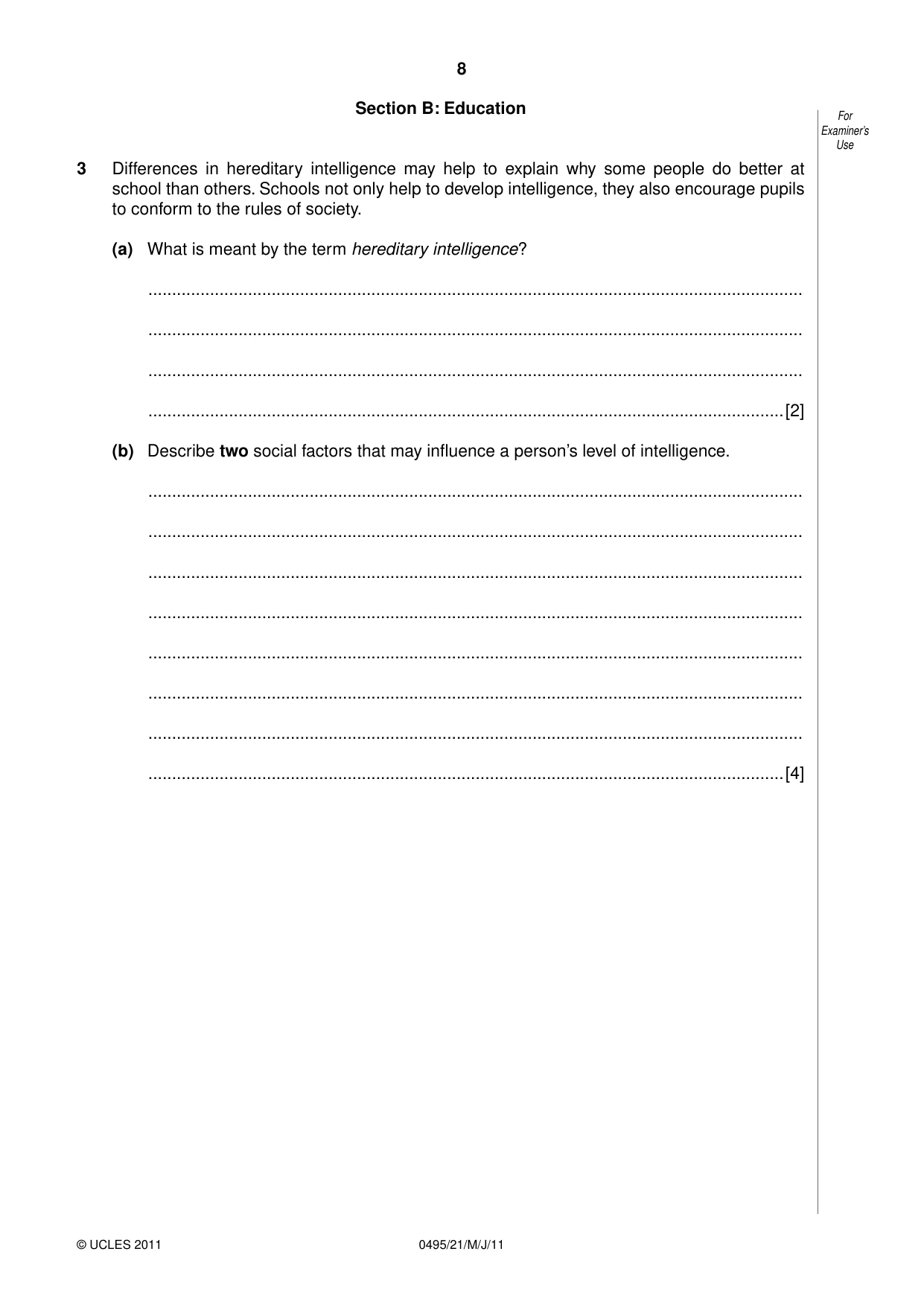 Cambridge IGCSE Sociology 0495 2011 May/June Paper 2 · Variant 1 question paper, page 8 of 28