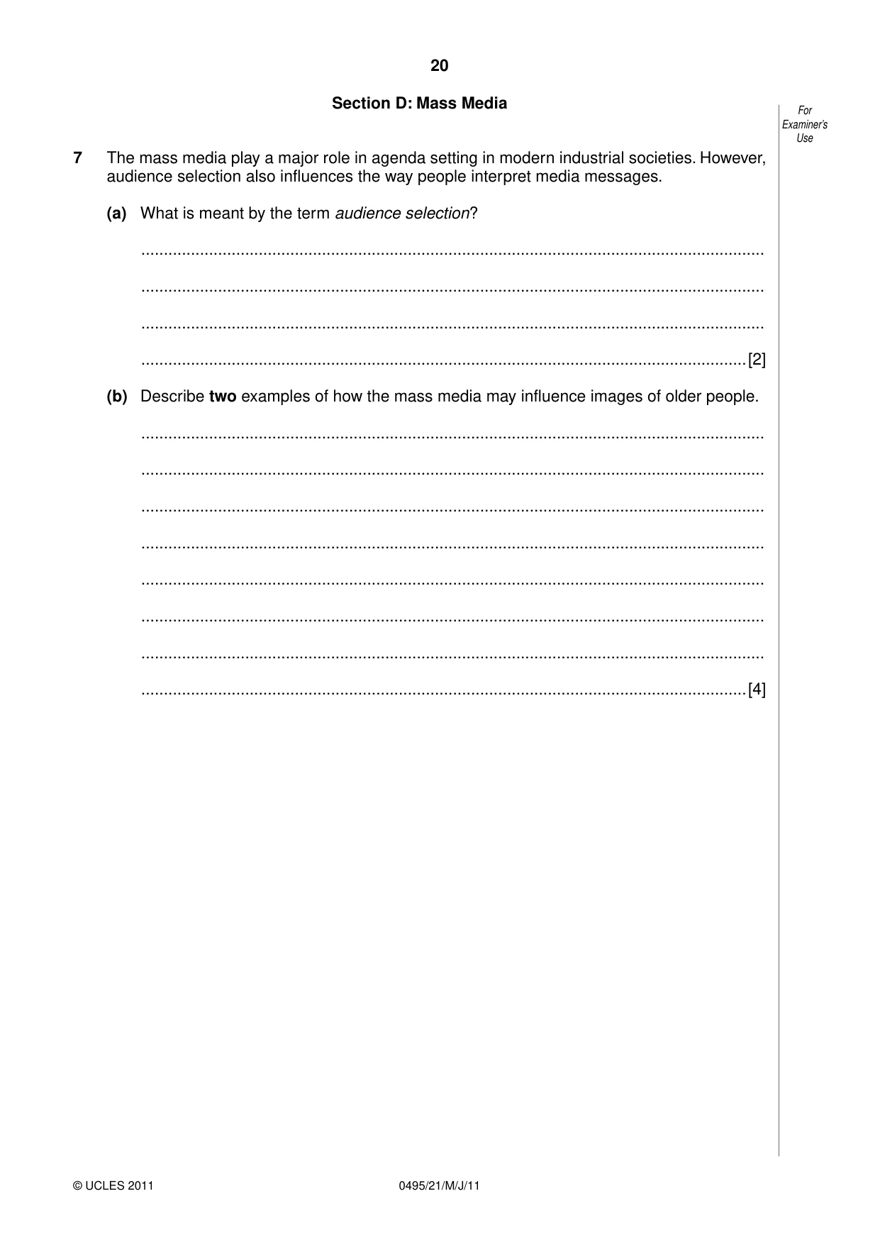 Cambridge IGCSE Sociology 0495 2011 May/June Paper 2 · Variant 1 question paper, page 20 of 28