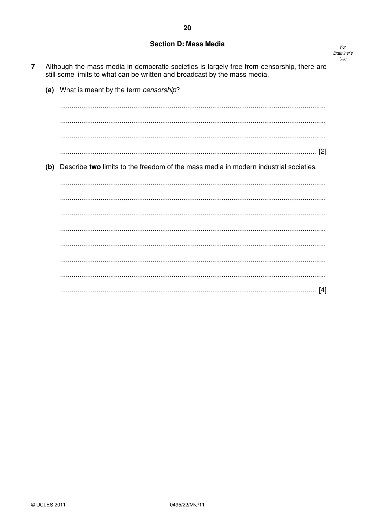 Cambridge IGCSE Sociology 0495 2011 May/June Paper 2 · Variant 2 question paper, page 20 of 28