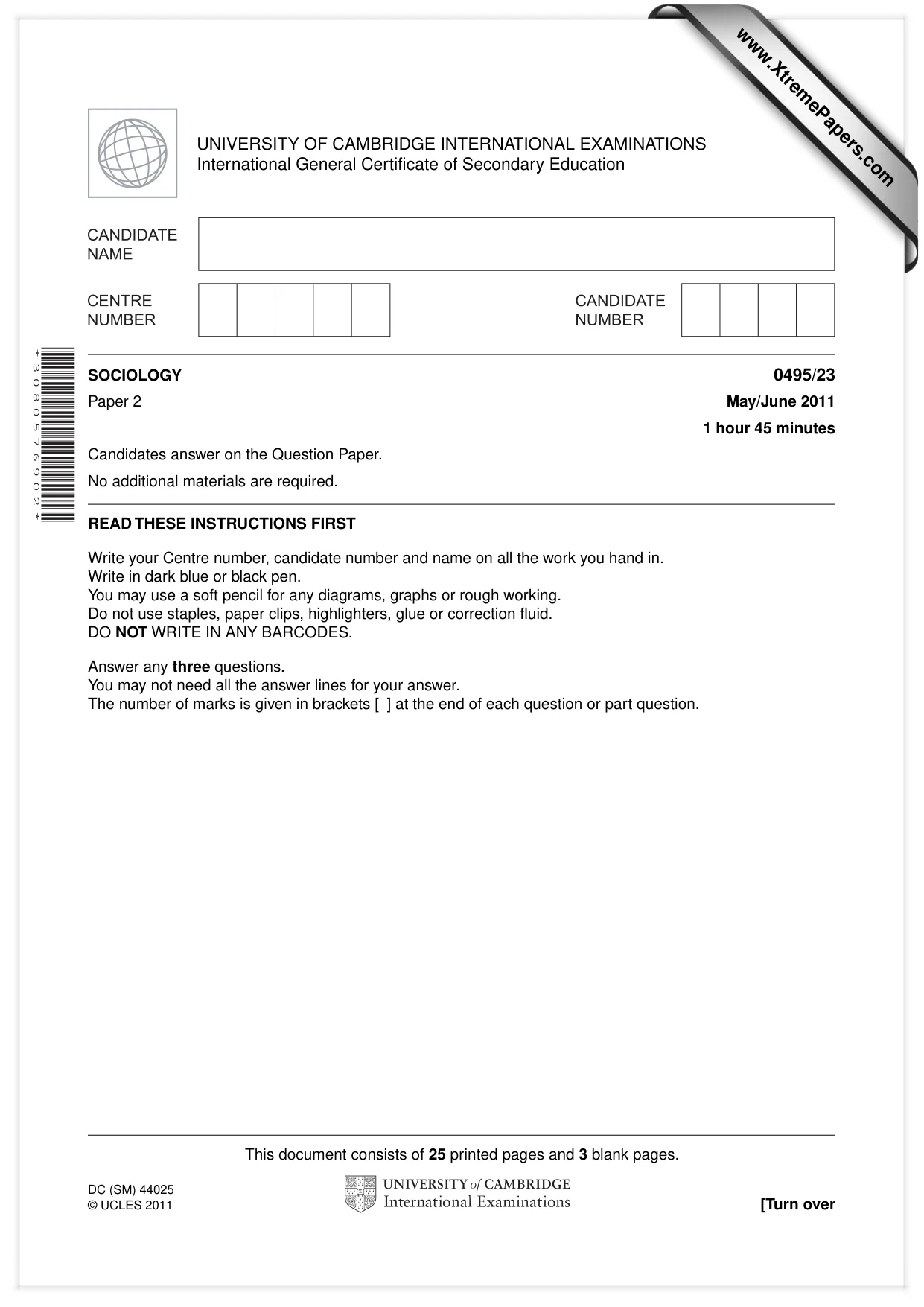 Cambridge IGCSE Sociology 0495 2011 May/June Paper 2 · Variant 3 question paper, page 1 of 28