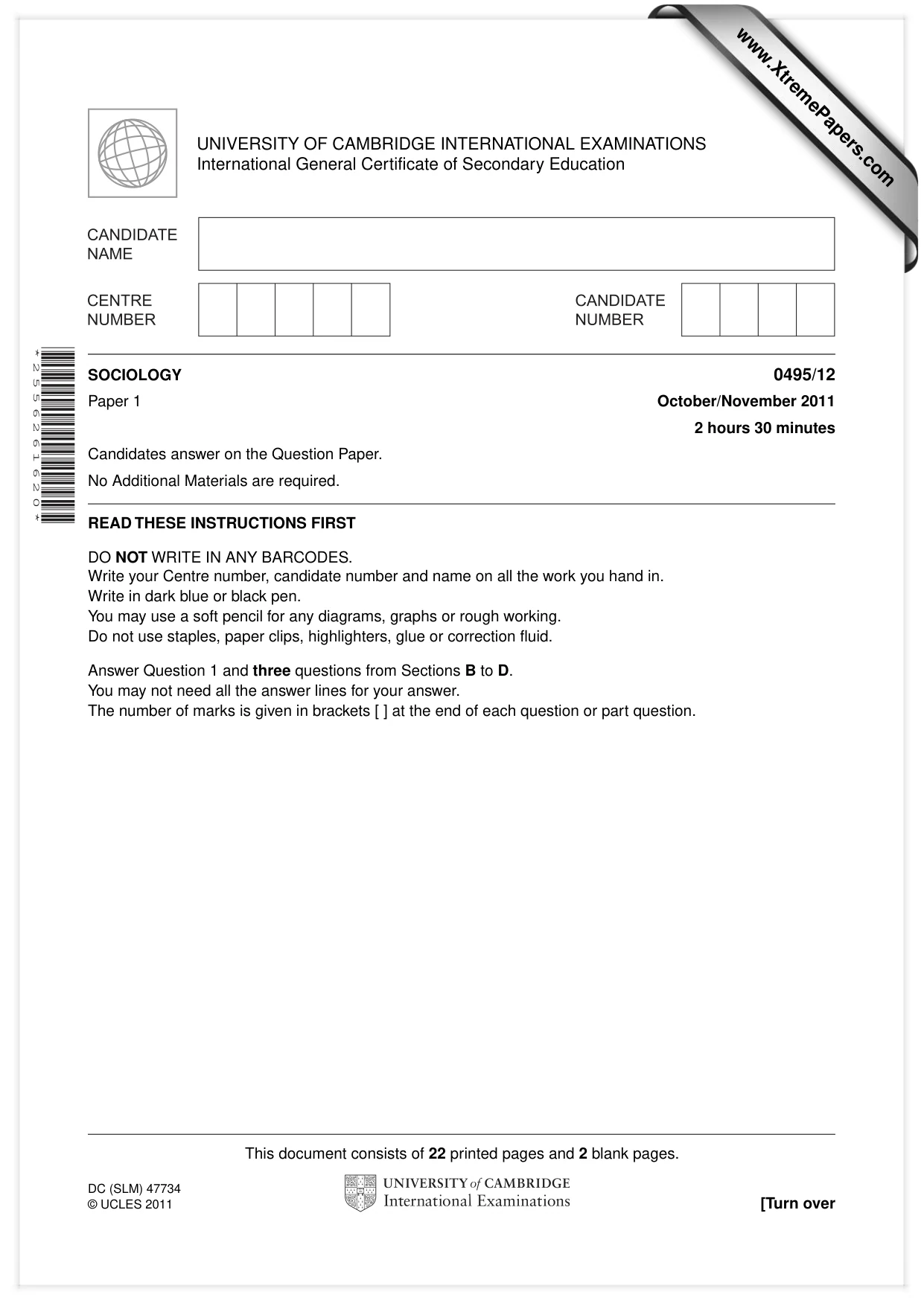 Cambridge IGCSE Sociology 0495 2011 Oct/Nov Paper 1 · Variant 2 question paper, page 1 of 24
