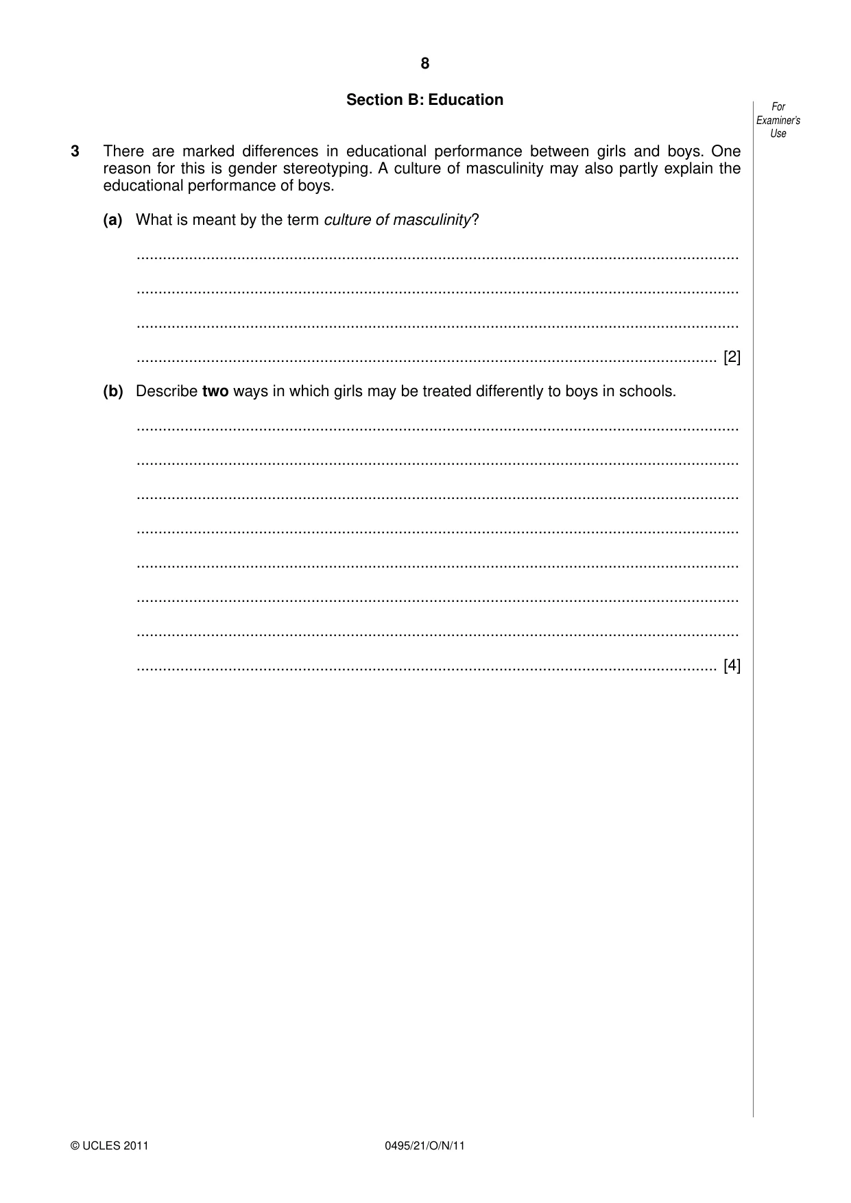 Cambridge IGCSE Sociology 0495 2011 Oct/Nov Paper 2 · Variant 1 question paper, page 8 of 28