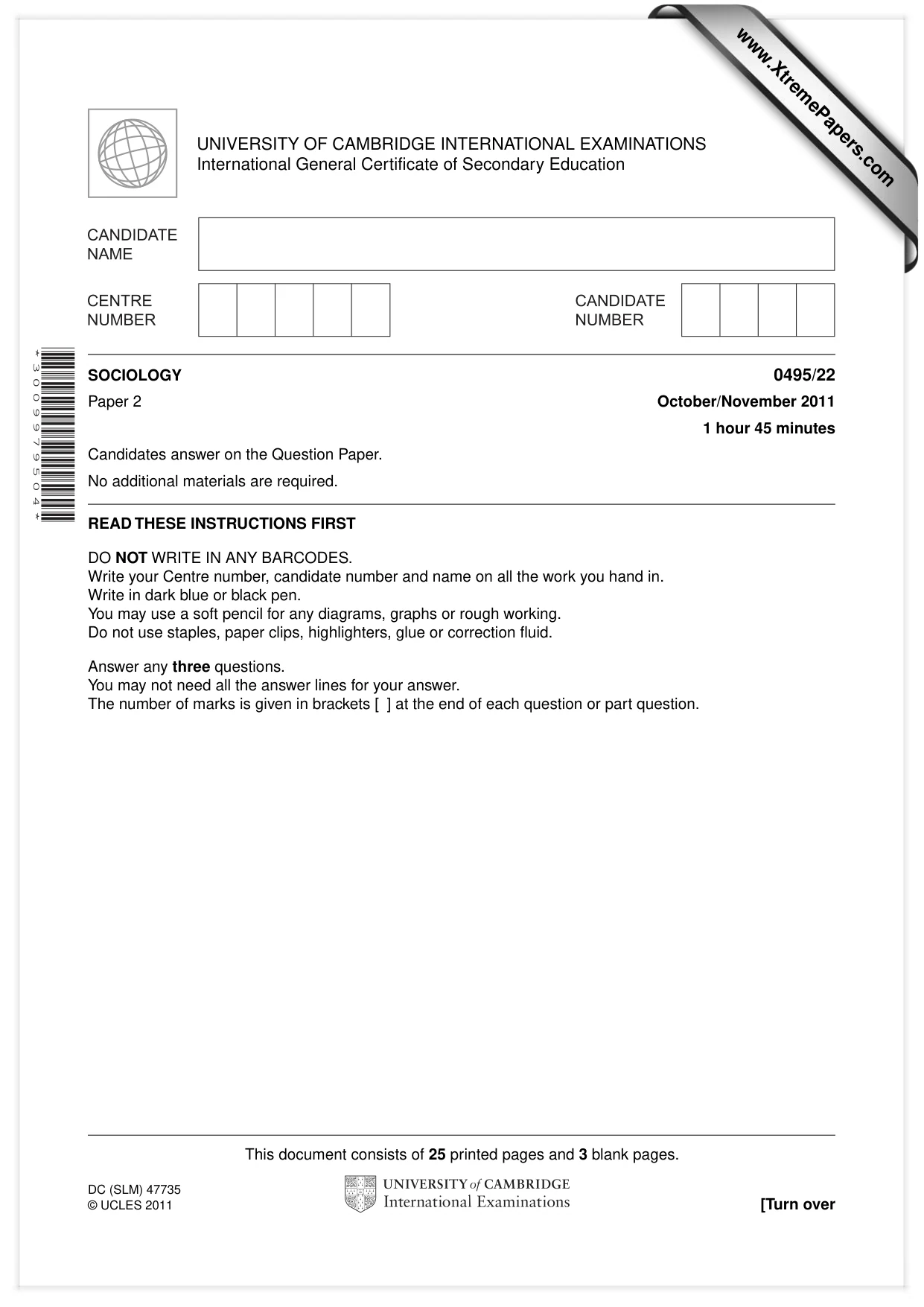 Cambridge IGCSE Sociology 0495 2011 Oct/Nov Paper 2 · Variant 2 question paper, page 1 of 28