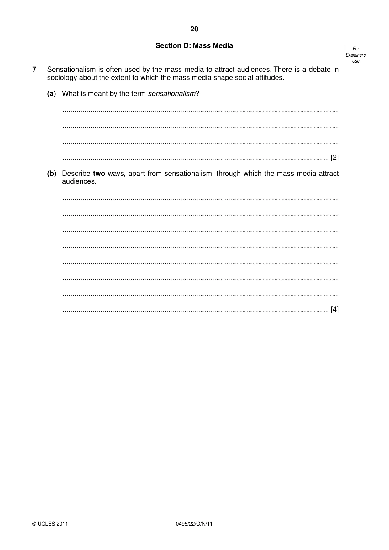 Cambridge IGCSE Sociology 0495 2011 Oct/Nov Paper 2 · Variant 2 question paper, page 20 of 28