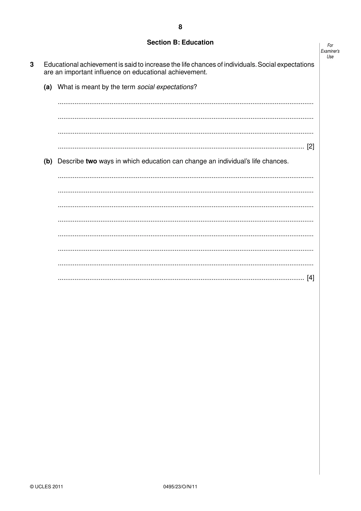 Cambridge IGCSE Sociology 0495 2011 Oct/Nov Paper 2 · Variant 3 question paper, page 8 of 28