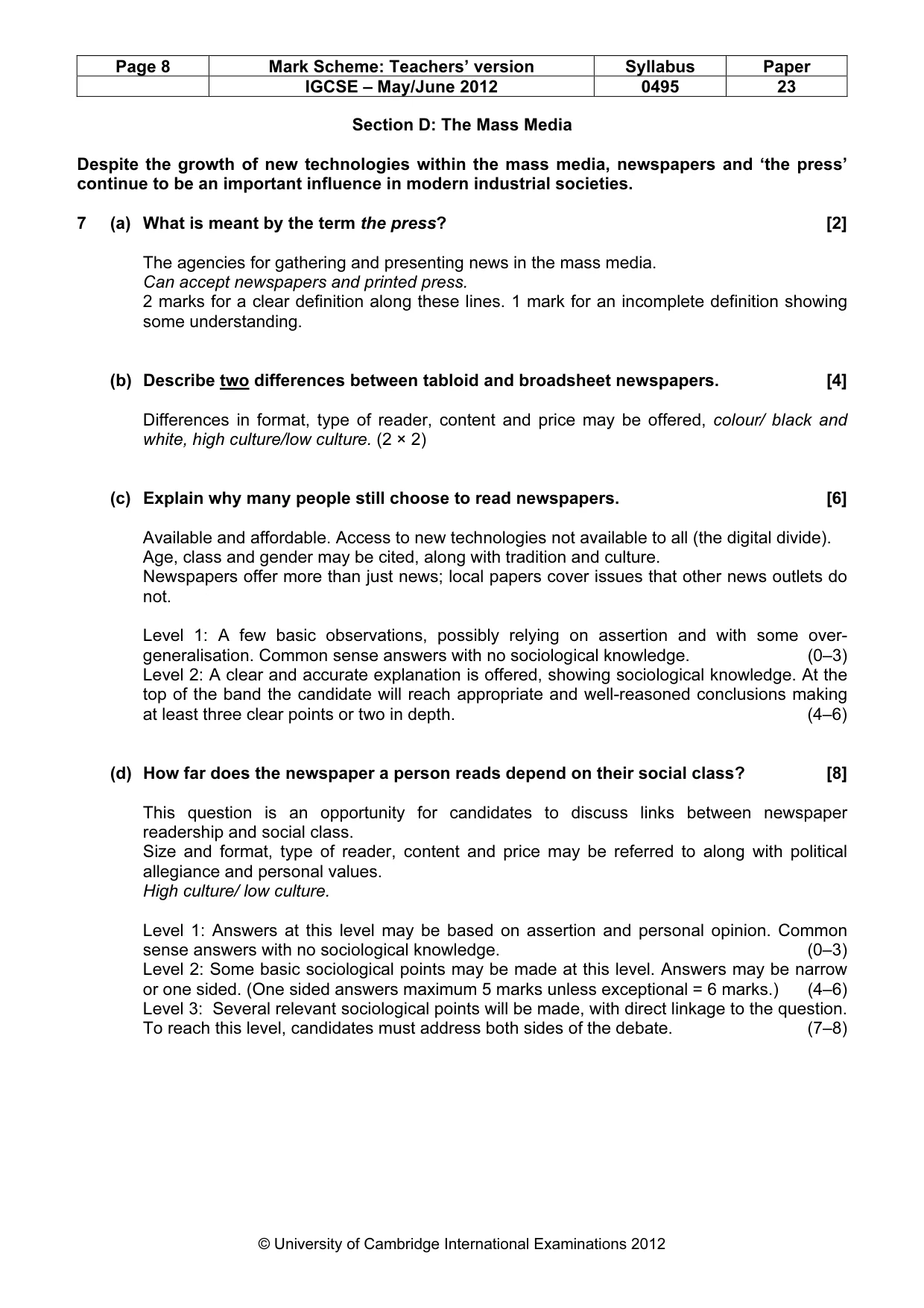 Mark scheme, page 8 of 9