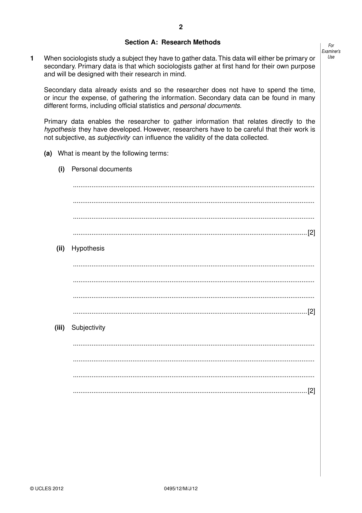 Cambridge IGCSE Sociology 0495 2012 May/June Paper 1 · Variant 2 question paper, page 2 of 28