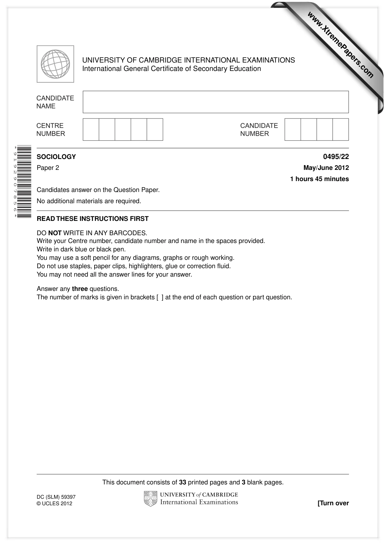 Cambridge IGCSE Sociology 0495 2012 May/June Paper 2 · Variant 2 question paper, page 1 of 36