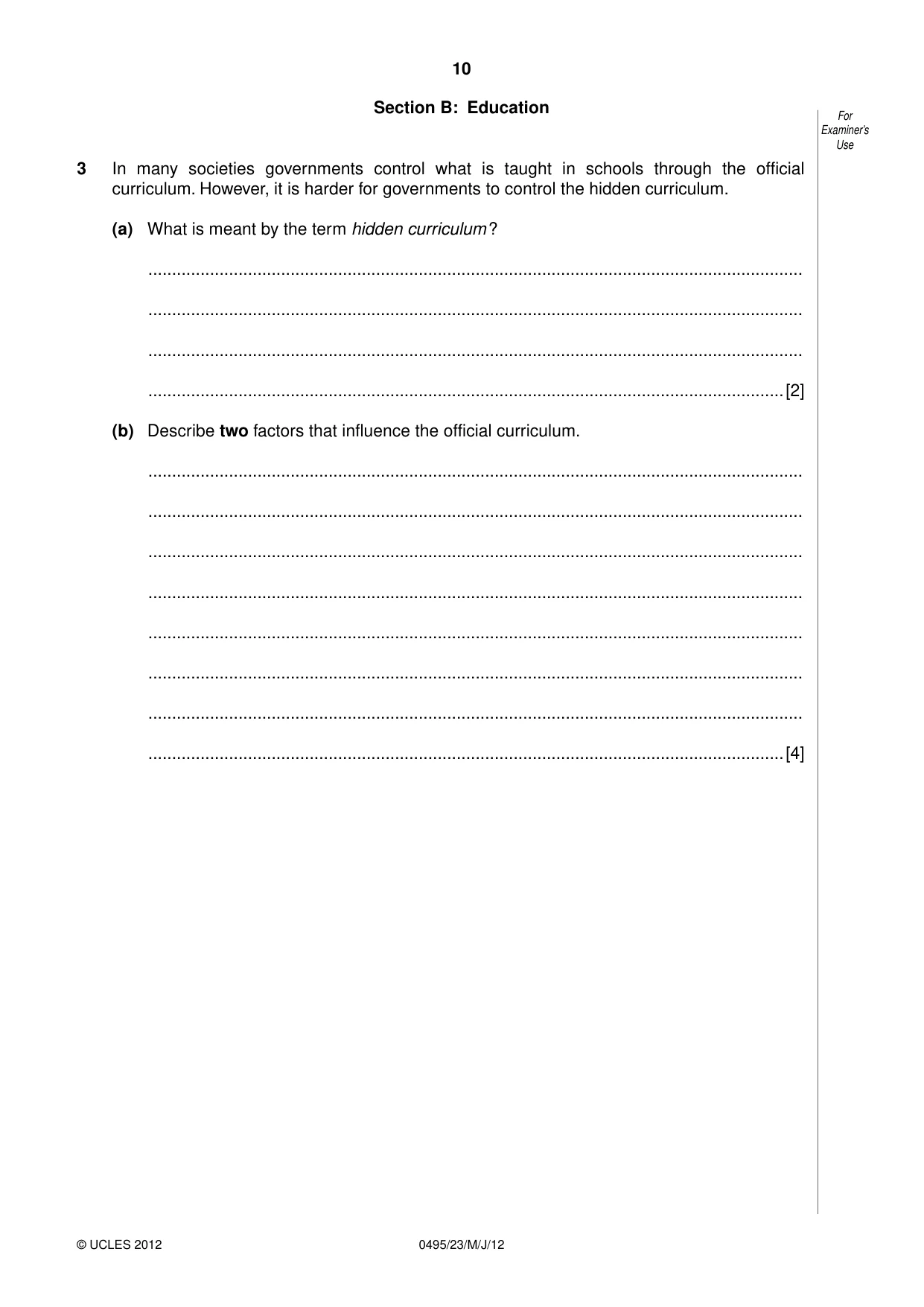 Cambridge IGCSE Sociology 0495 2012 May/June Paper 2 · Variant 3 question paper, page 10 of 36