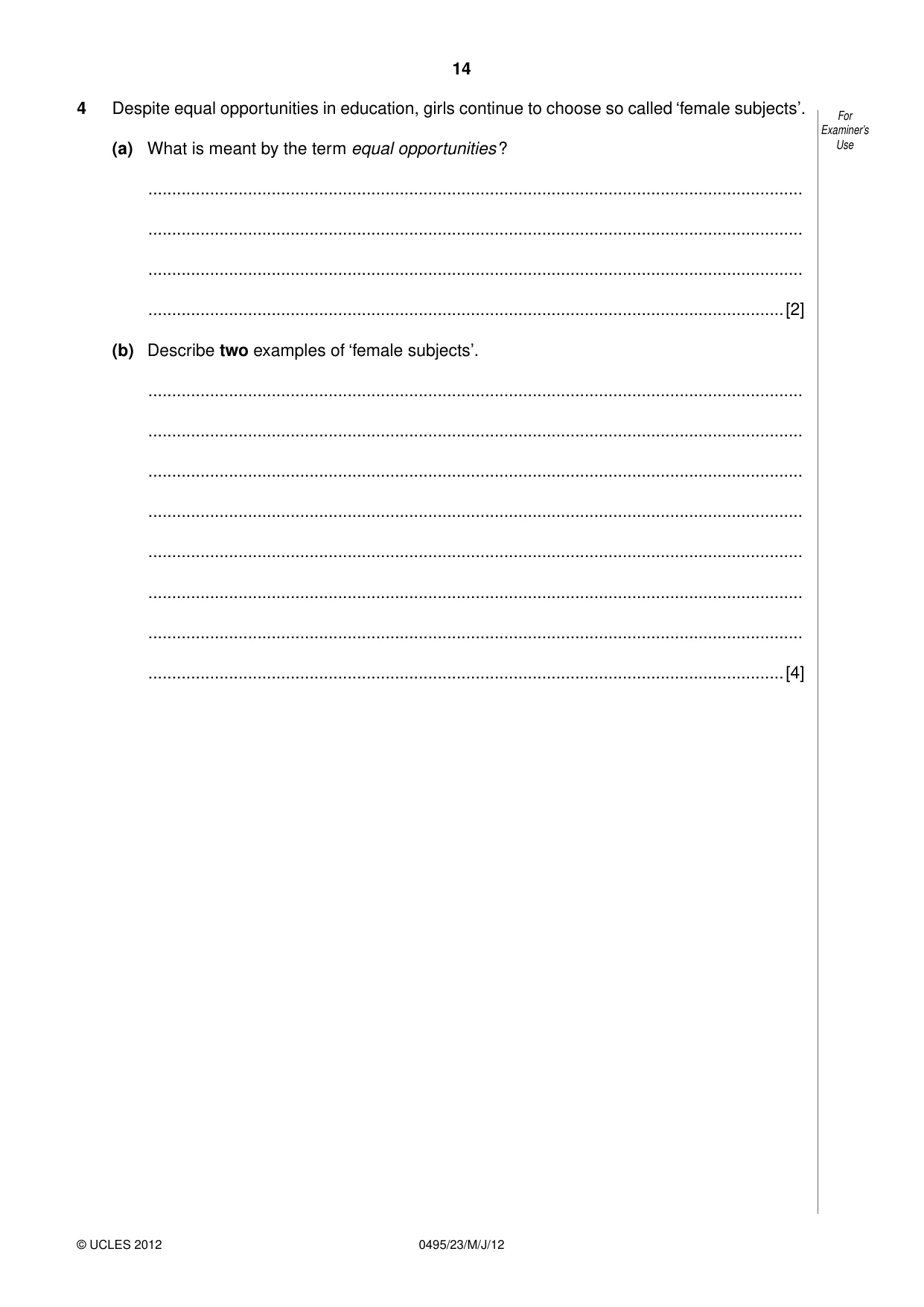 Cambridge IGCSE Sociology 0495 2012 May/June Paper 2 · Variant 3 question paper, page 14 of 36