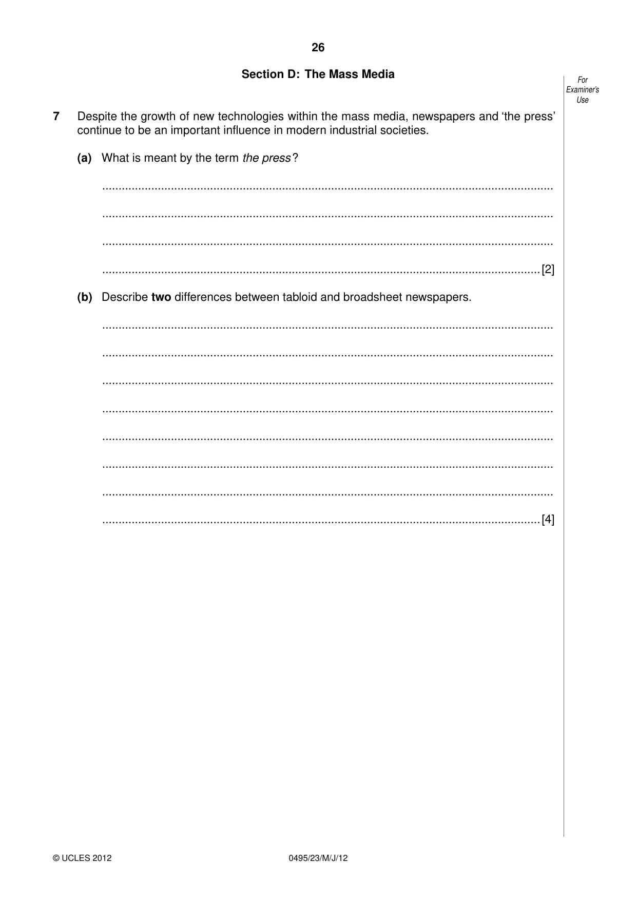 Cambridge IGCSE Sociology 0495 2012 May/June Paper 2 · Variant 3 question paper, page 26 of 36