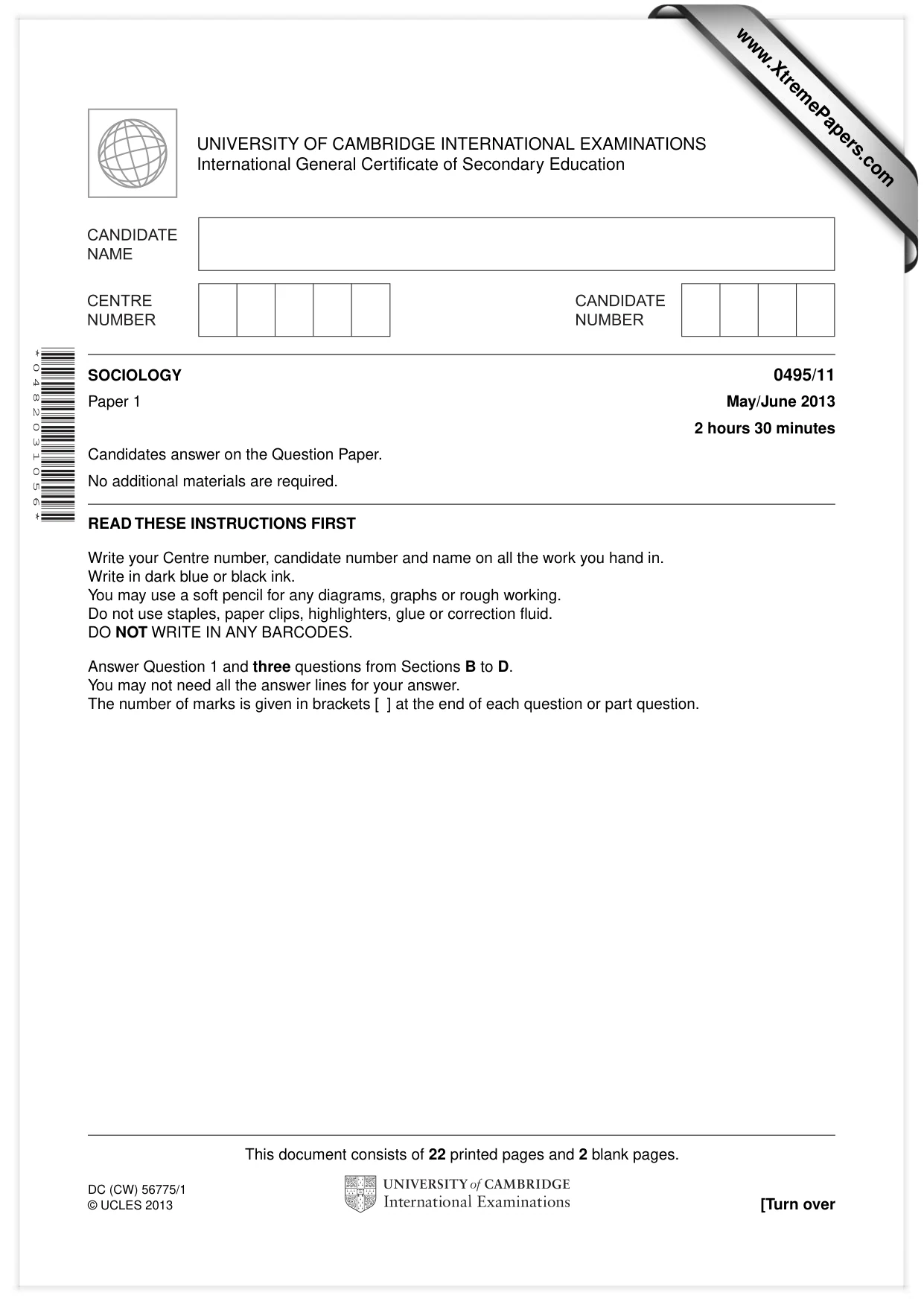 Cambridge IGCSE Sociology 0495 2013 May/June Paper 1 · Variant 1 question paper, page 1 of 24