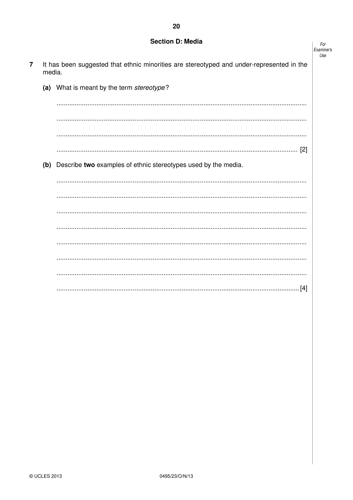 Cambridge IGCSE Sociology 0495 2013 Oct/Nov Paper 2 · Variant 3 question paper, page 20 of 28