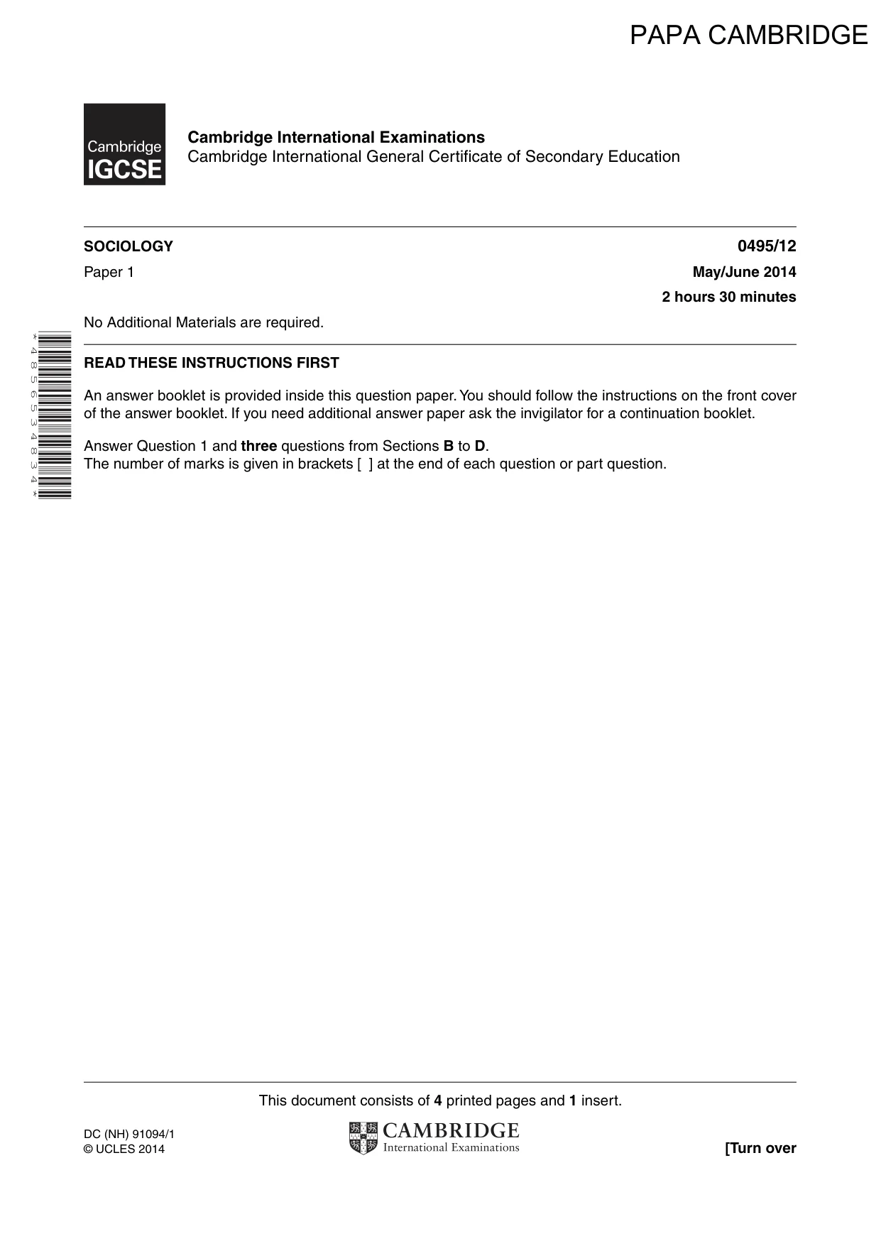 Cambridge IGCSE Sociology 0495 2014 May/June Paper 1 · Variant 2 question paper, page 1 of 4