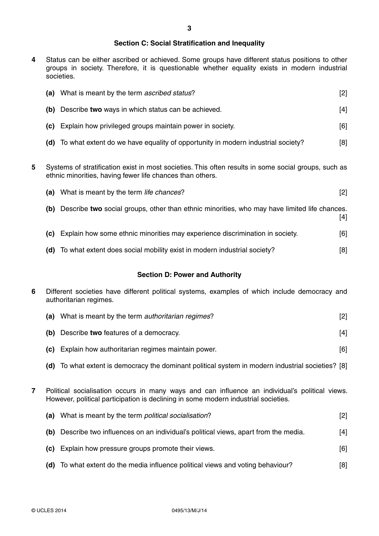 Cambridge IGCSE Sociology 0495 2014 May/June Paper 1 · Variant 3 question paper, page 3 of 4