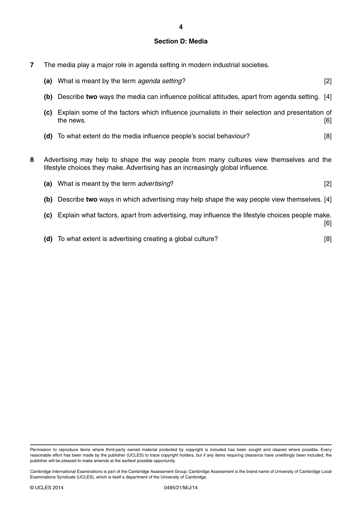 Cambridge IGCSE Sociology 0495 2014 May/June Paper 2 · Variant 1 question paper, page 4 of 4