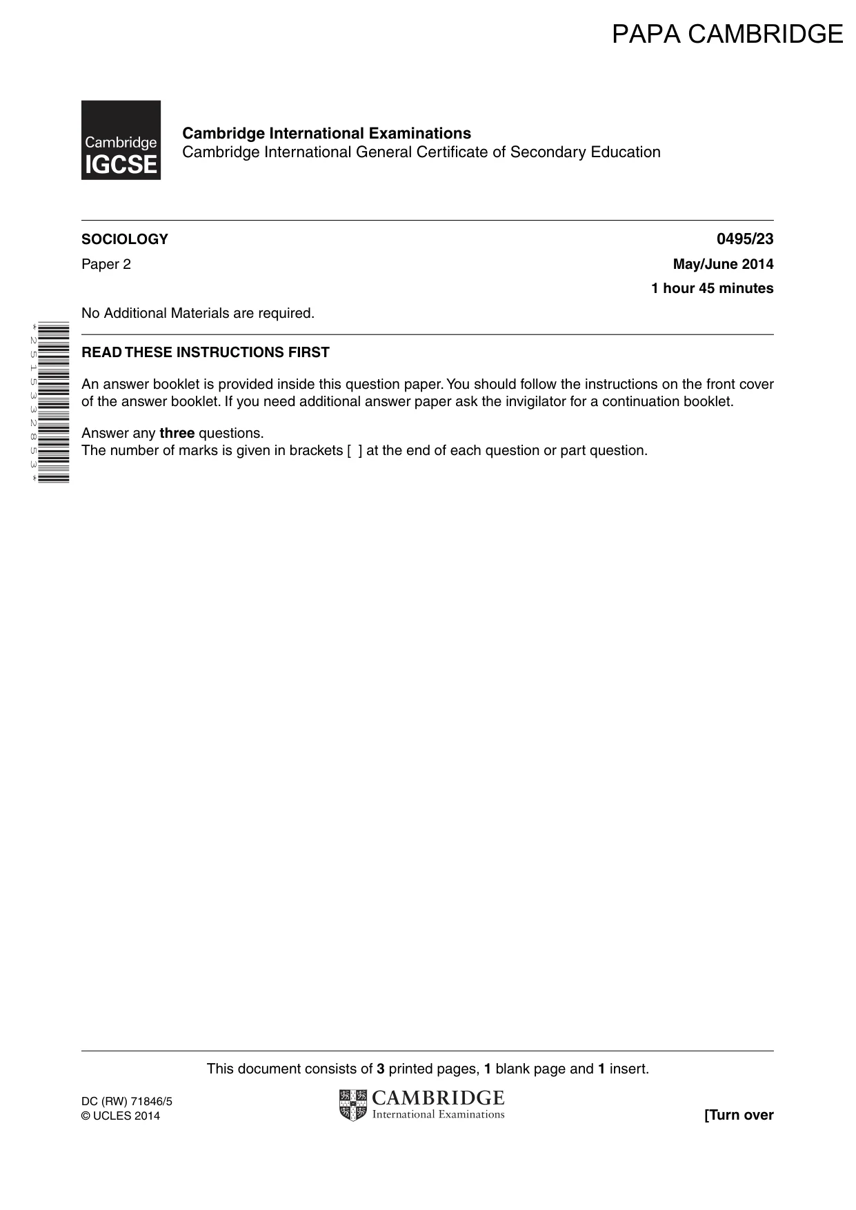 Cambridge IGCSE Sociology 0495 2014 May/June Paper 2 · Variant 3 question paper, page 1 of 4