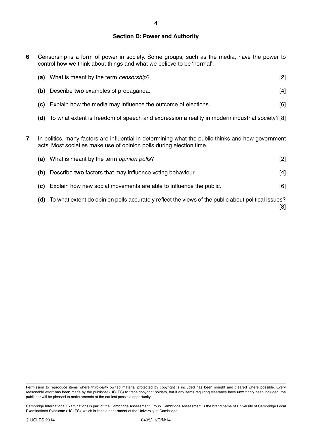 Cambridge IGCSE Sociology 0495 2014 Oct/Nov Paper 1 · Variant 1 question paper, page 4 of 4