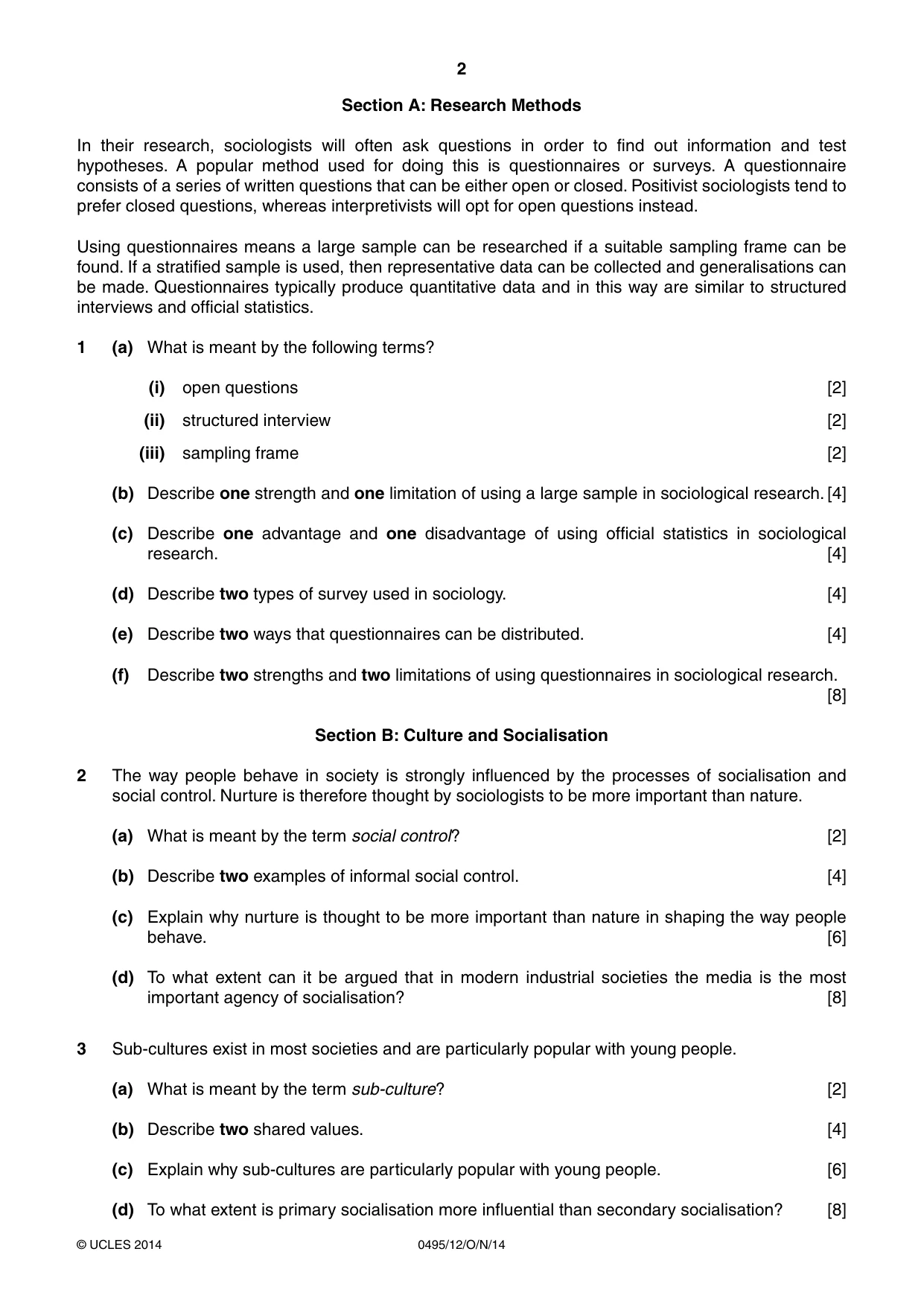 Cambridge IGCSE Sociology 0495 2014 Oct/Nov Paper 1 · Variant 2 question paper, page 2 of 4