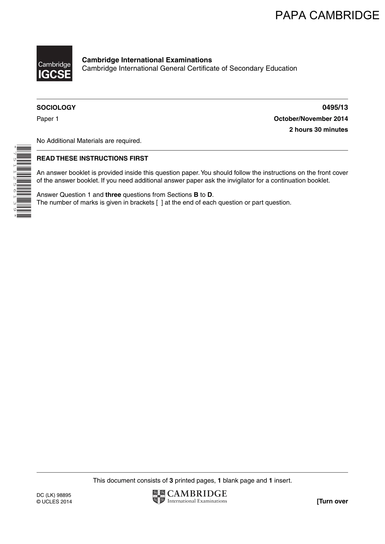 Cambridge IGCSE Sociology 0495 2014 Oct/Nov Paper 1 · Variant 3 question paper, page 1 of 4