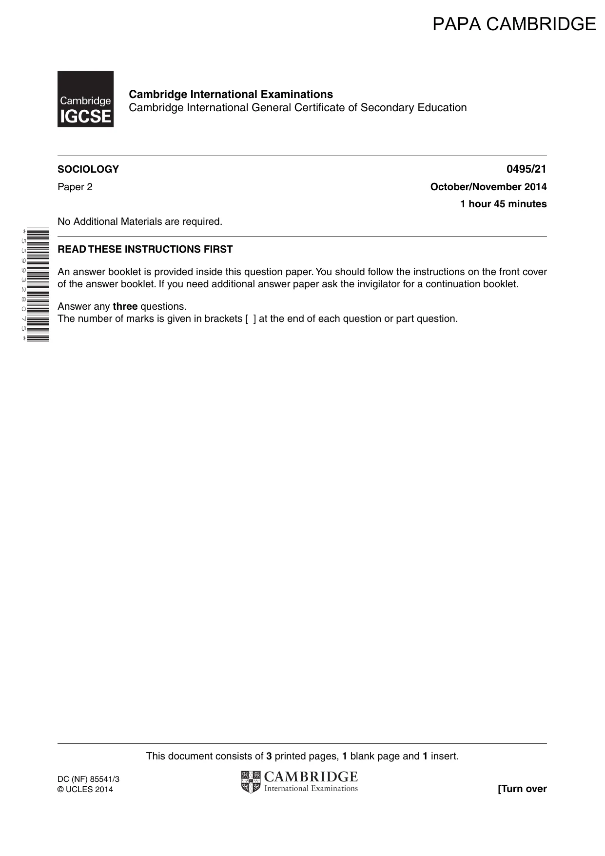 Cambridge IGCSE Sociology 0495 2014 Oct/Nov Paper 2 · Variant 1 question paper, page 1 of 4