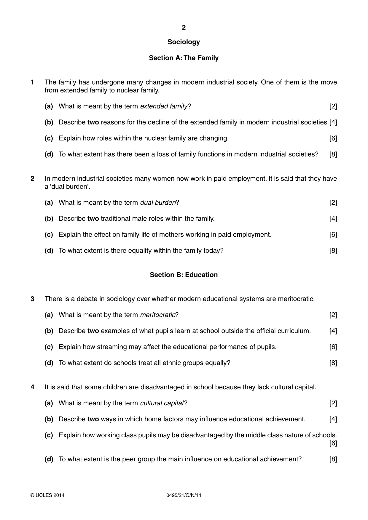 Cambridge IGCSE Sociology 0495 2014 Oct/Nov Paper 2 · Variant 1 question paper, page 2 of 4