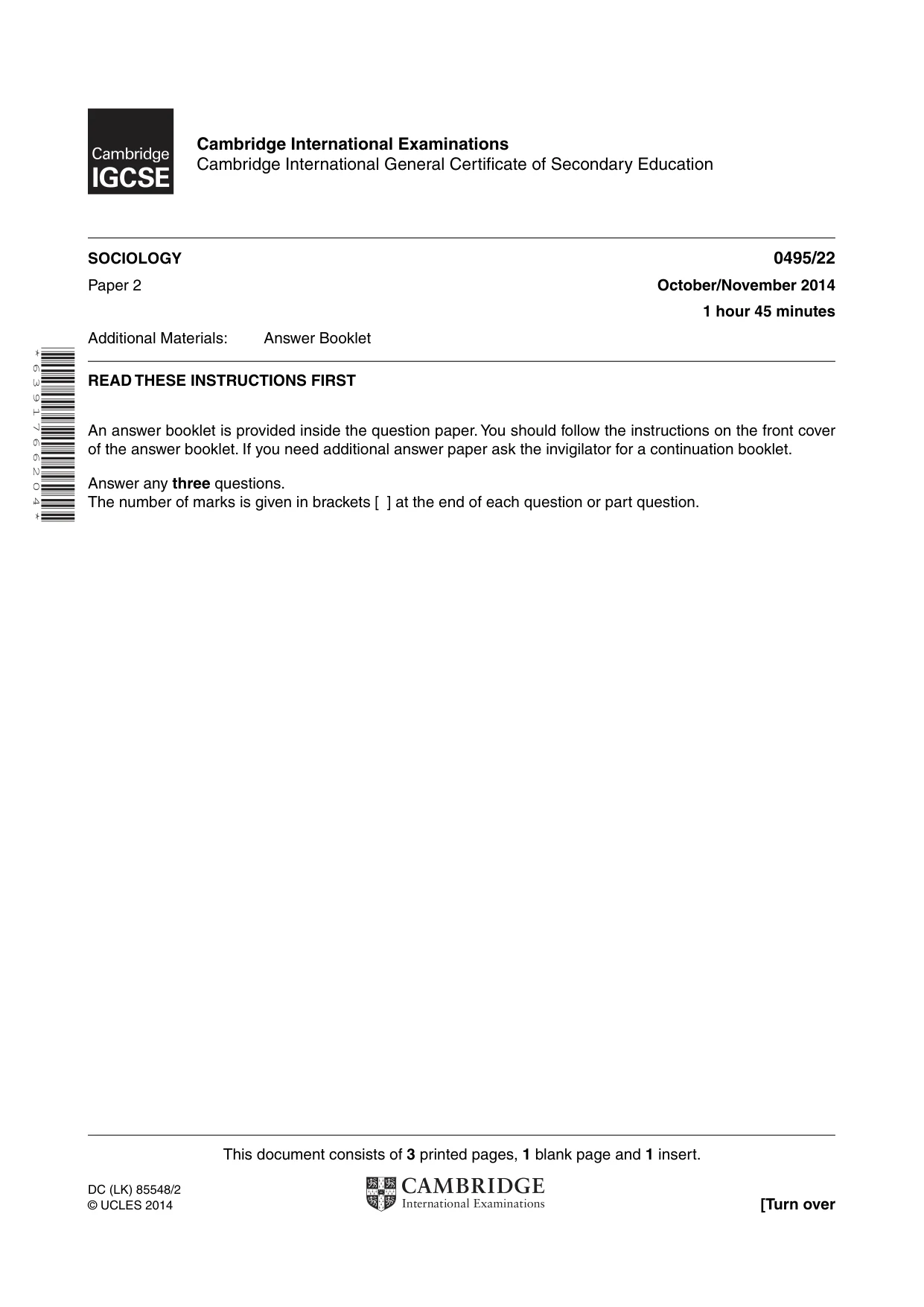 Cambridge IGCSE Sociology 0495 2014 Oct/Nov Paper 2 · Variant 2 question paper, page 1 of 4