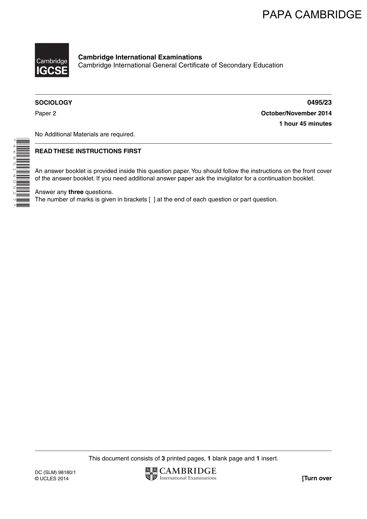 Cambridge IGCSE Sociology 0495 2014 Oct/Nov Paper 2 · Variant 3 question paper, page 1 of 4