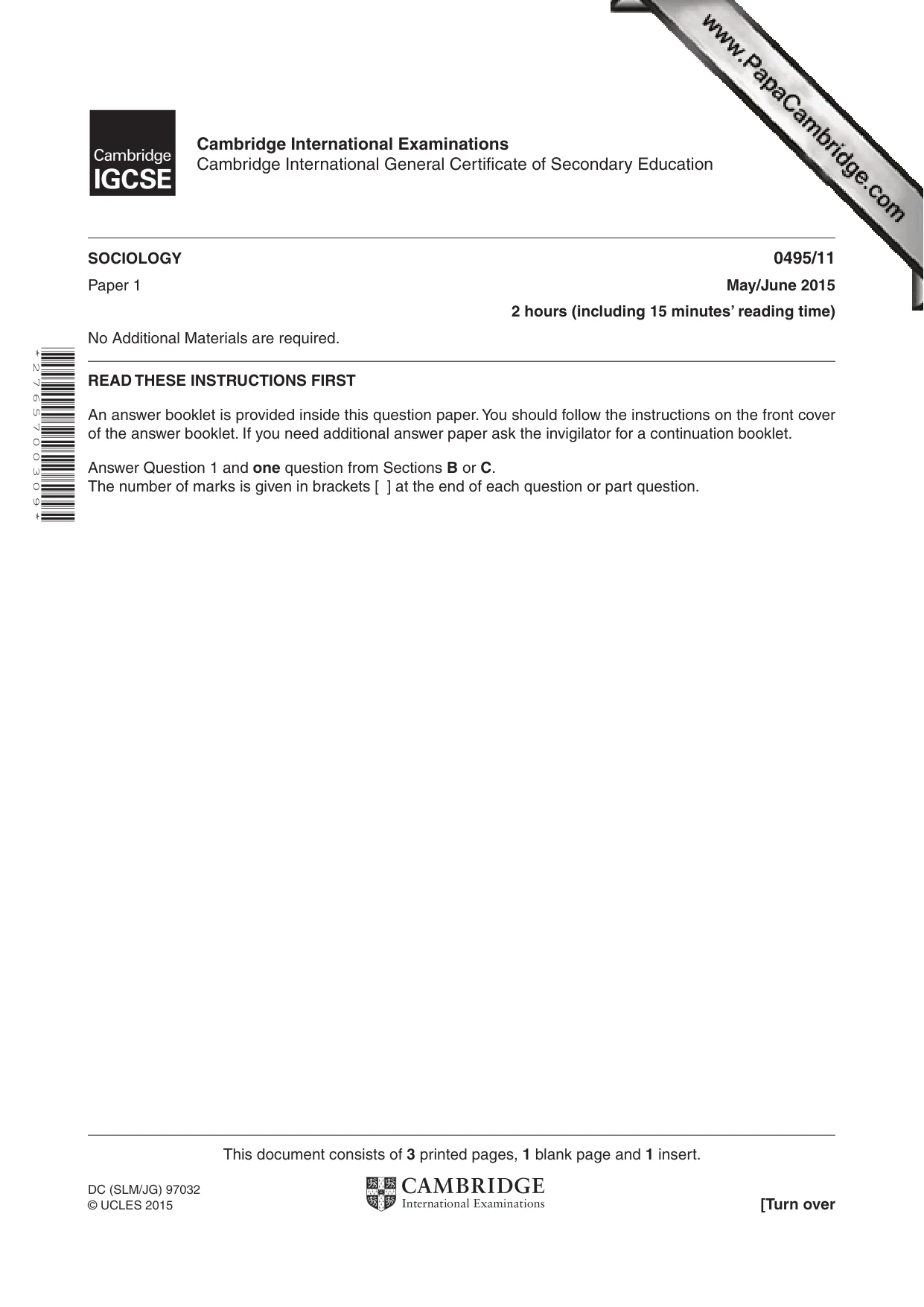Cambridge IGCSE Sociology 0495 2015 May/June Paper 1 · Variant 1 question paper, page 1 of 4