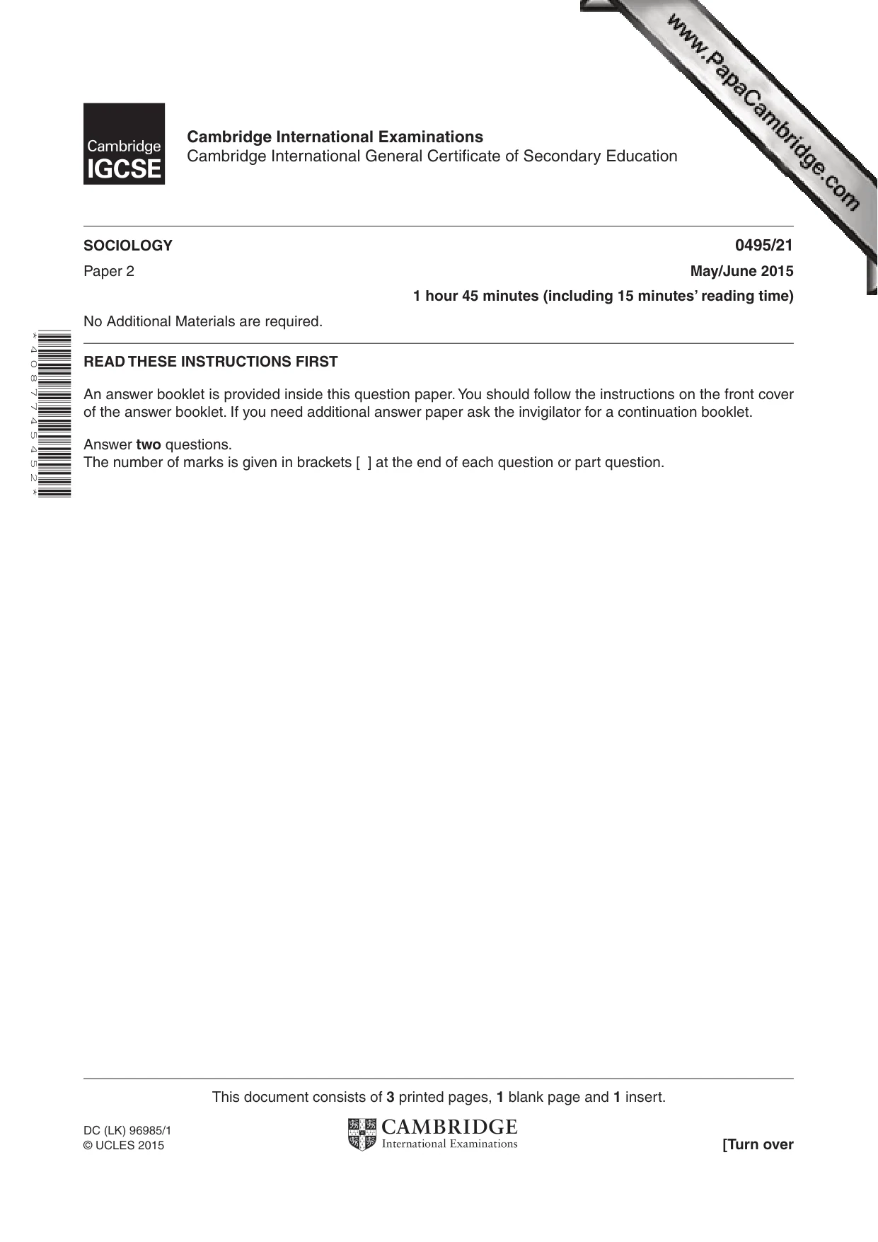 Cambridge IGCSE Sociology 0495 2015 May/June Paper 2 · Variant 1 question paper, page 1 of 4