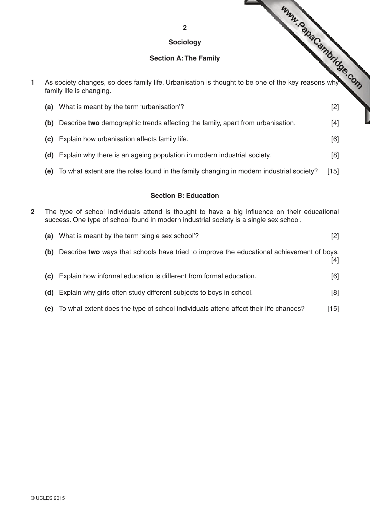 Cambridge IGCSE Sociology 0495 2015 May/June Paper 2 · Variant 1 question paper, page 2 of 4