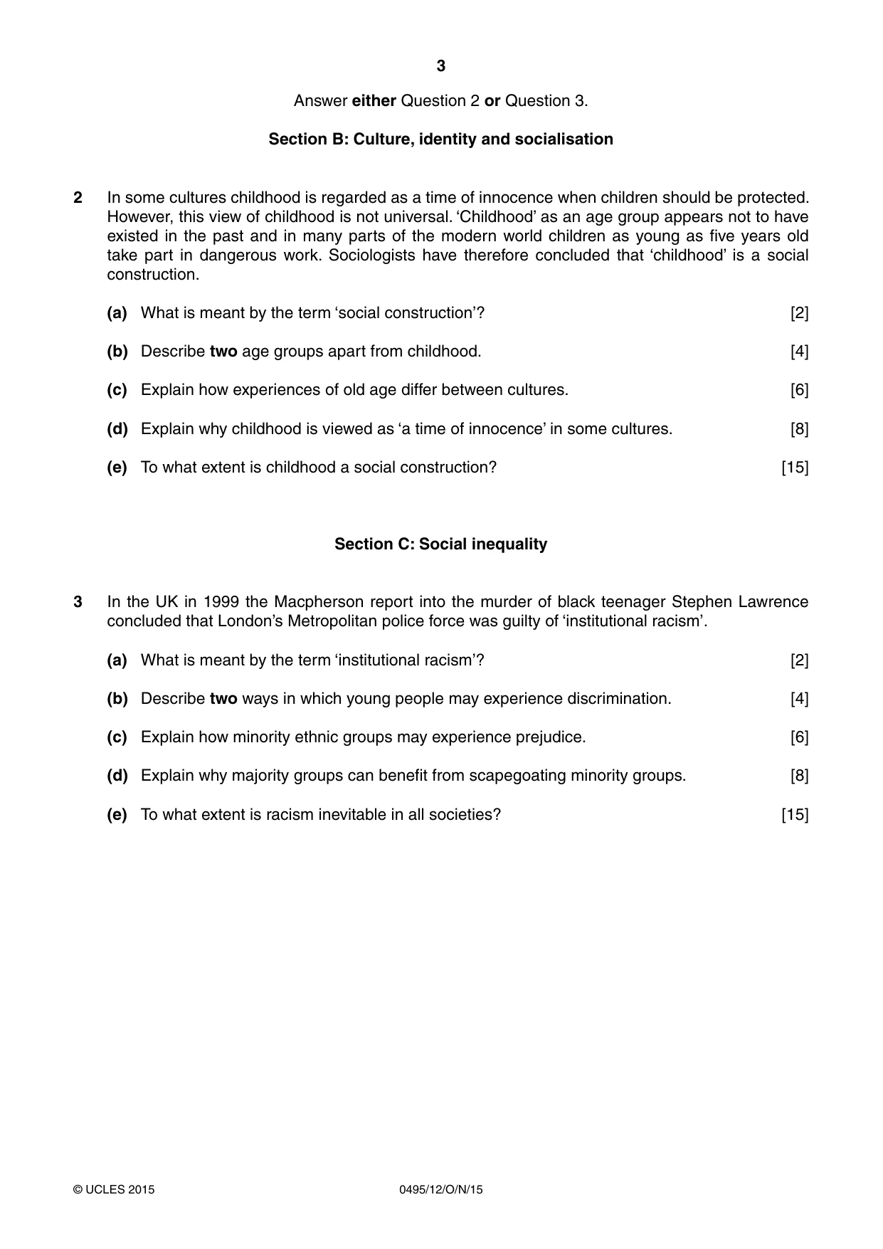 Cambridge IGCSE Sociology 0495 2015 Oct/Nov Paper 1 · Variant 2 question paper, page 3 of 4
