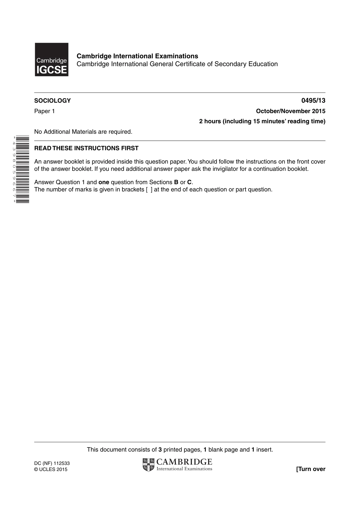 Cambridge IGCSE Sociology 0495 2015 Oct/Nov Paper 1 · Variant 3 question paper, page 1 of 4