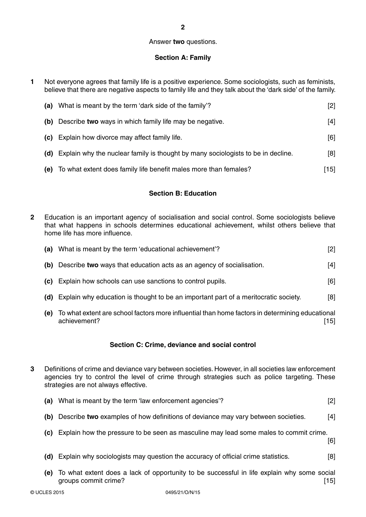 Cambridge IGCSE Sociology 0495 2015 Oct/Nov Paper 2 · Variant 1 question paper, page 2 of 4