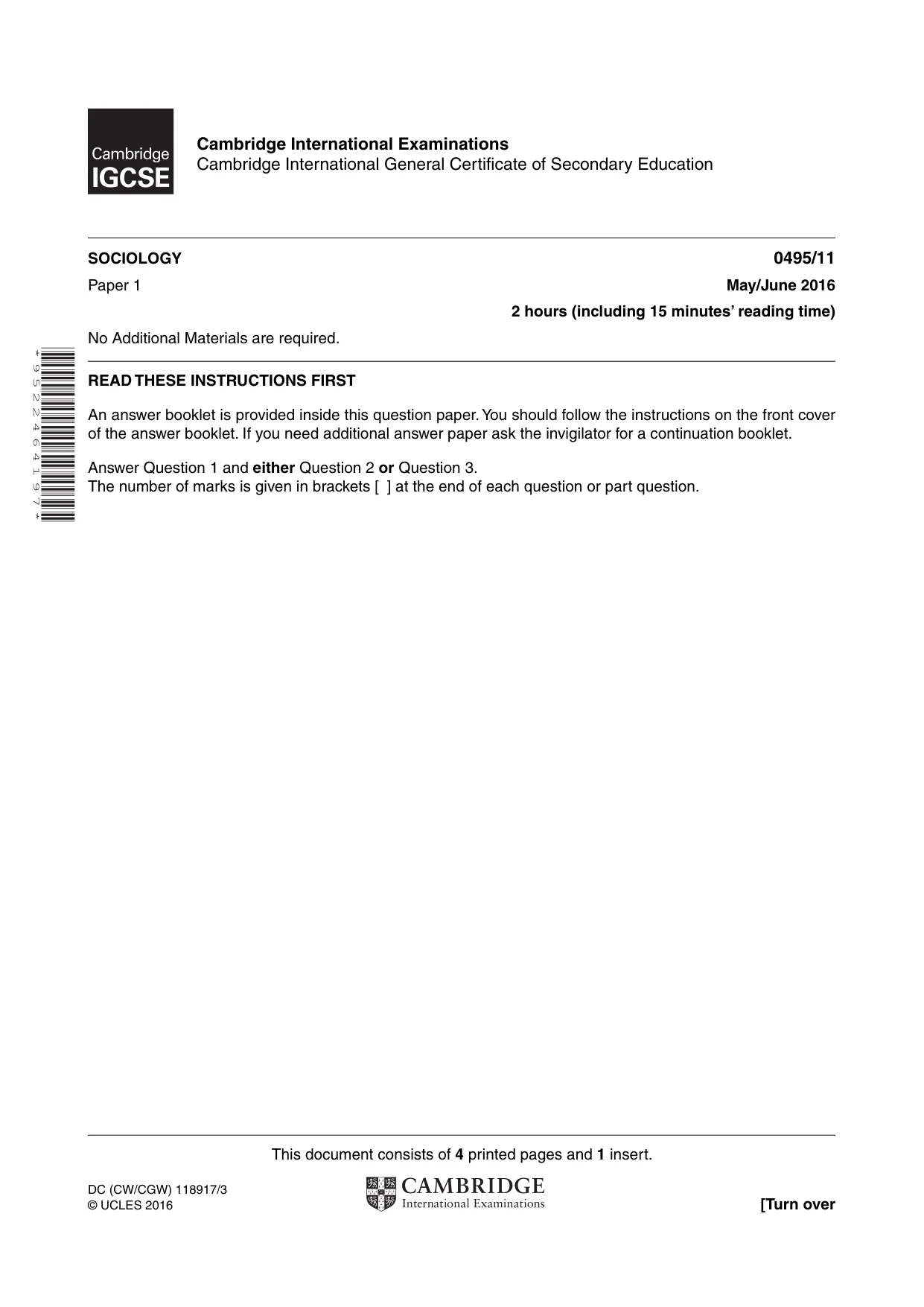 Cambridge IGCSE Sociology 0495 2016 May/June Paper 1 · Variant 1 question paper, page 1 of 4
