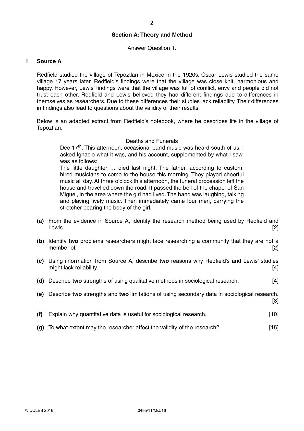 Cambridge IGCSE Sociology 0495 2016 May/June Paper 1 · Variant 1 question paper, page 2 of 4